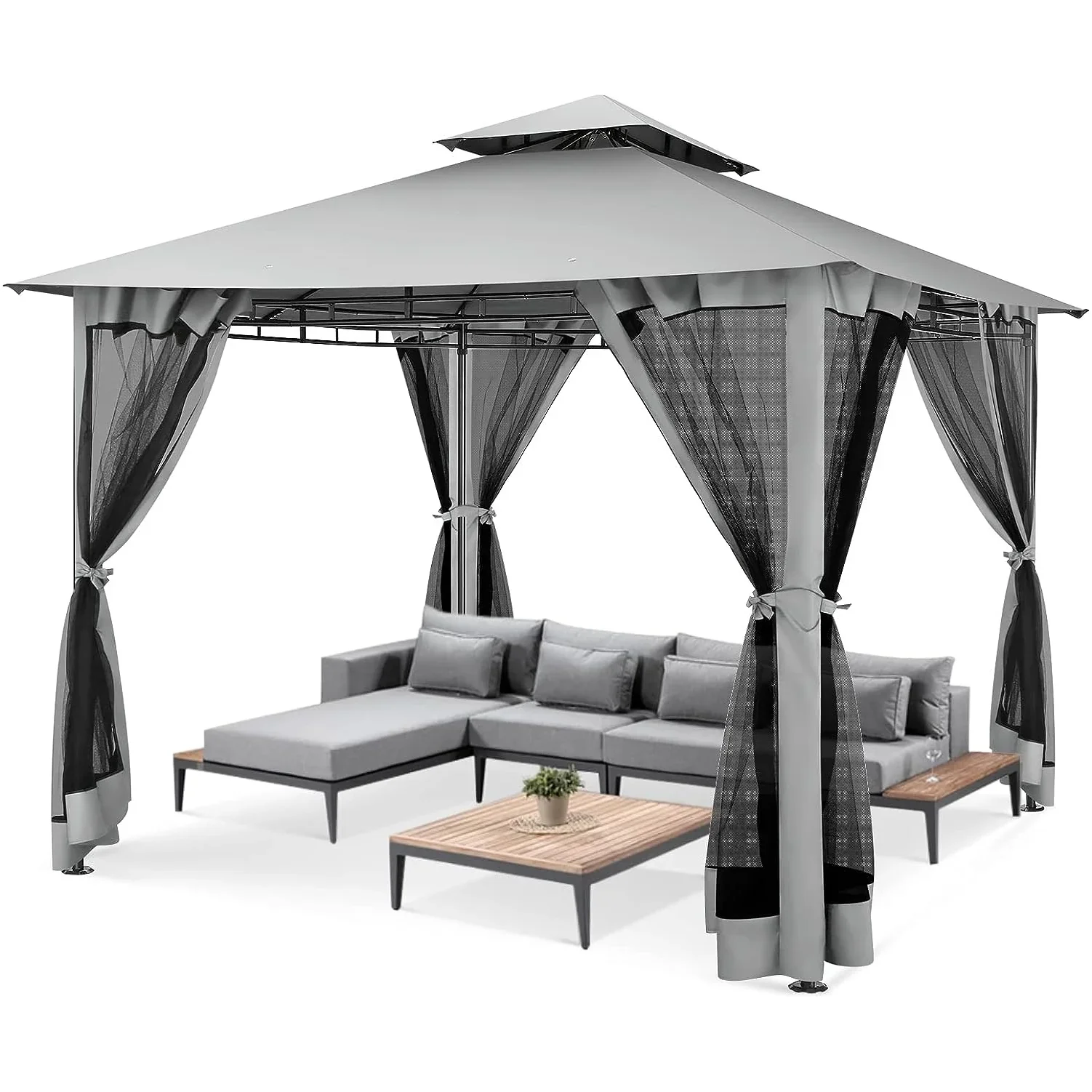 SANOPY 10'x10' Canopy Gazebo, Assembled Style Wrought Iron Gazebo Tent Can Accommodate 6-10 People with 4 Detachable Mosquito Net Side Walls for Garden, Yard, Beach