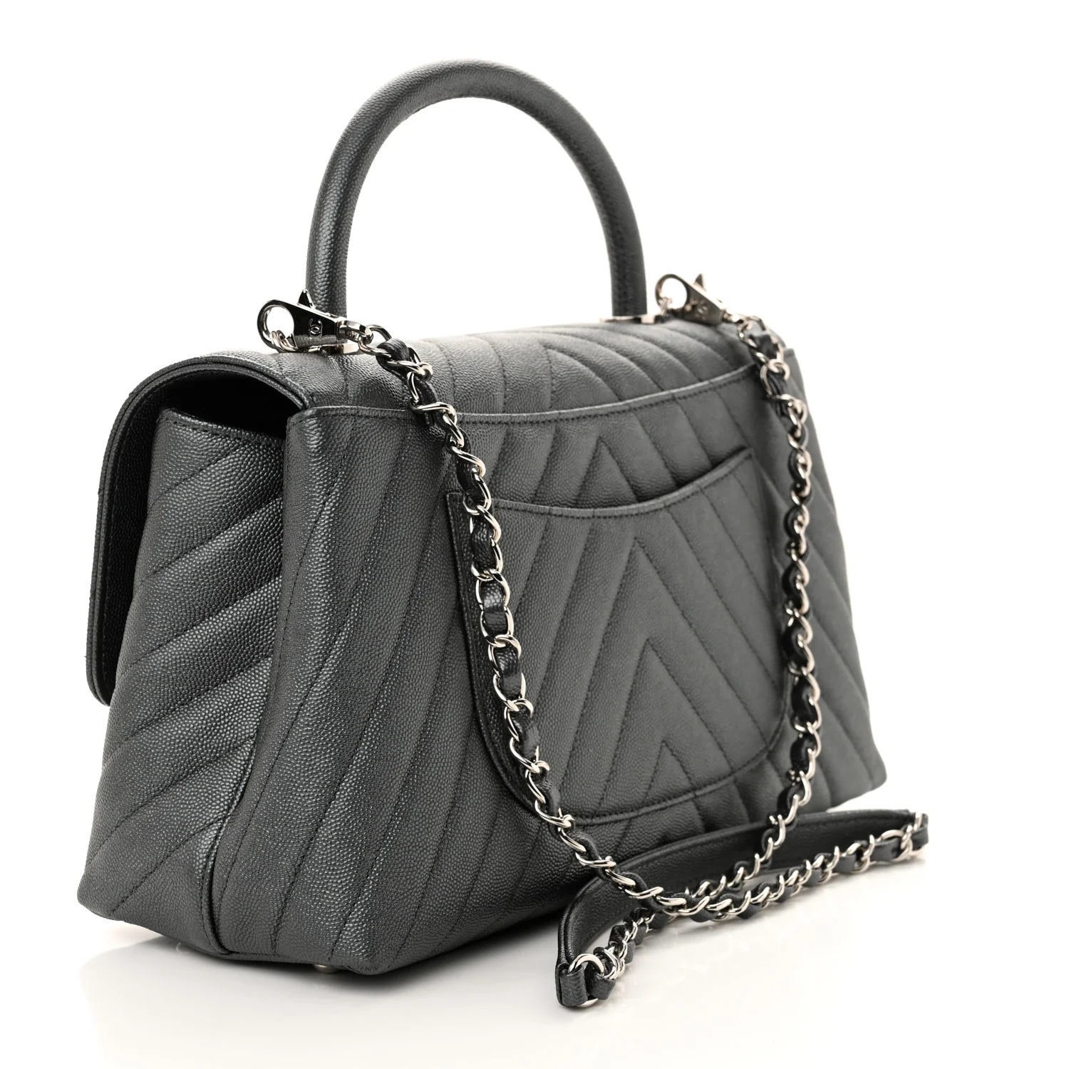 Metallic Caviar Chevron Quilted Small Coco Handle Flap Dark Silver