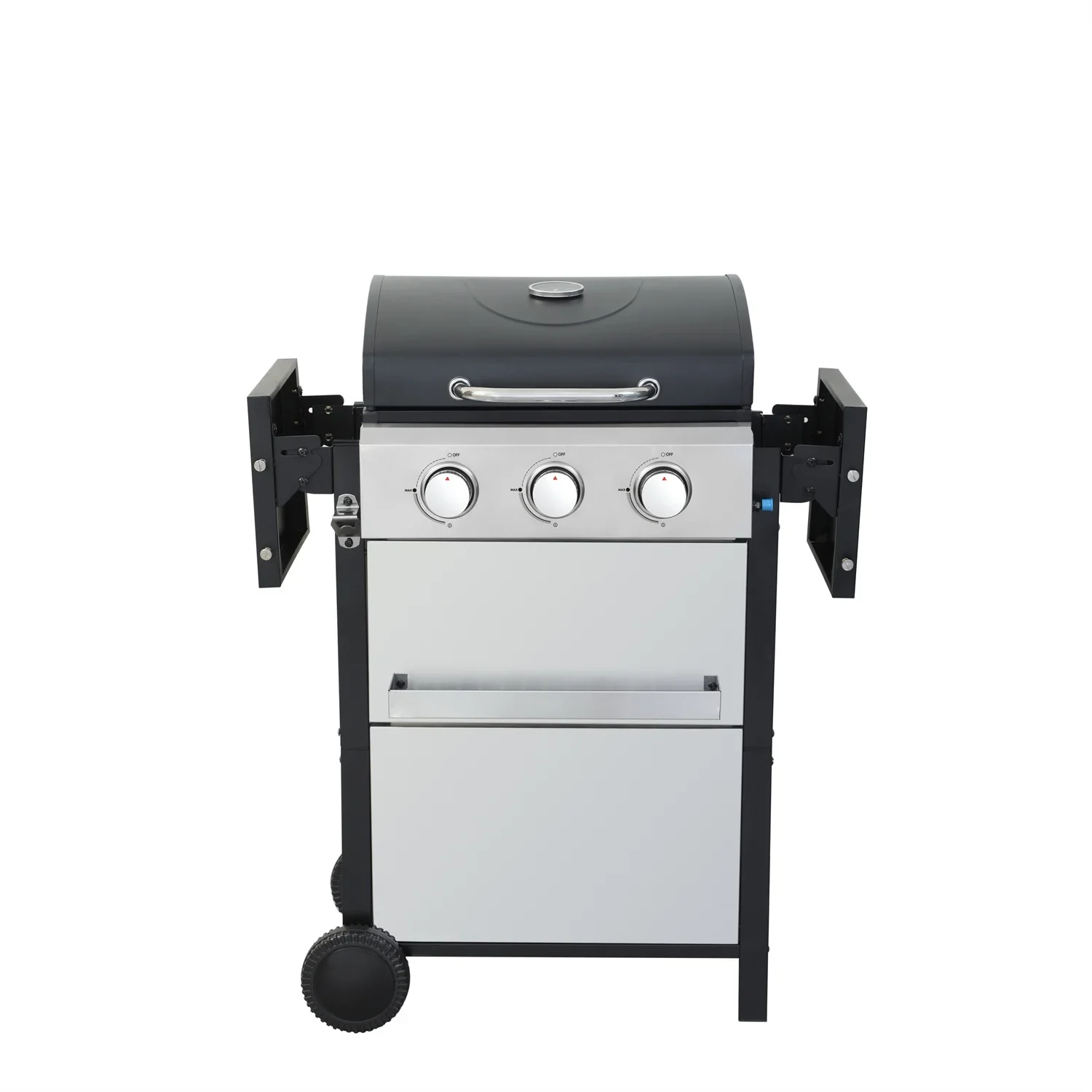 HighSound 3 Burner BBQ Propane Gas Grill, Stainless Steel 25650 BTU Patio Garden Barbecue Grill with Wire Enamel Cooking Grids & Foldable Shelves, Black