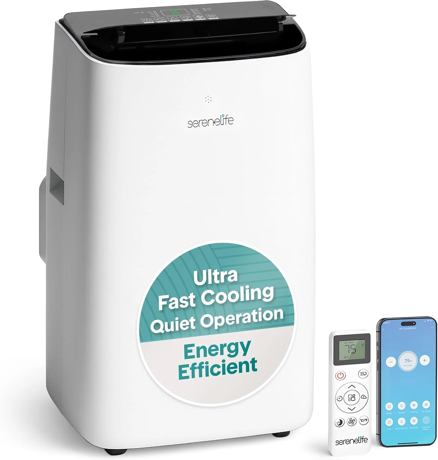 Climatiseur portable SereneLife 12 000 BTU avec déshumidificateur intégré - Unité de climatisation portable pour pièces jusqu'à 51 m² - Télécommande, kit d'évacuation pour montage sur fenêtre