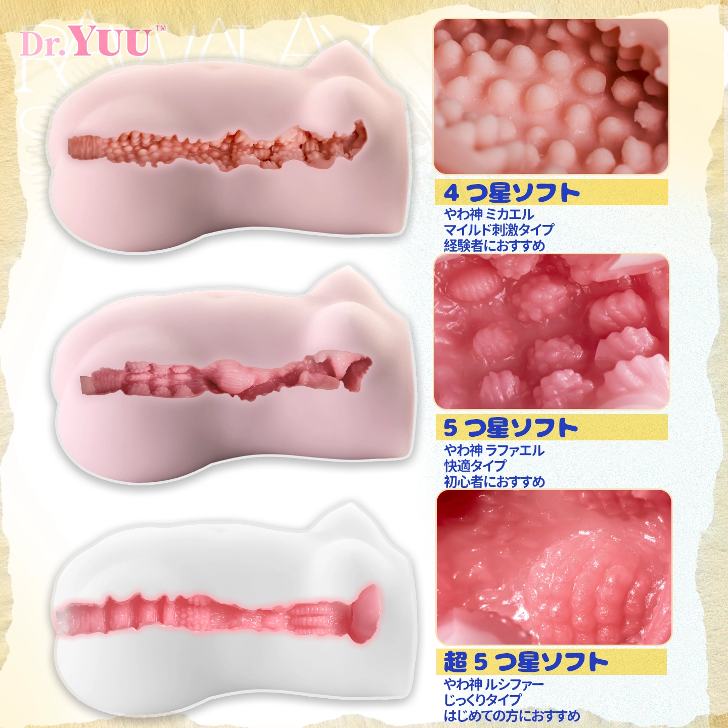3段階の内部構造を比較するDr.YUUやわ神ソフトヒップ型メンズトイ画像。