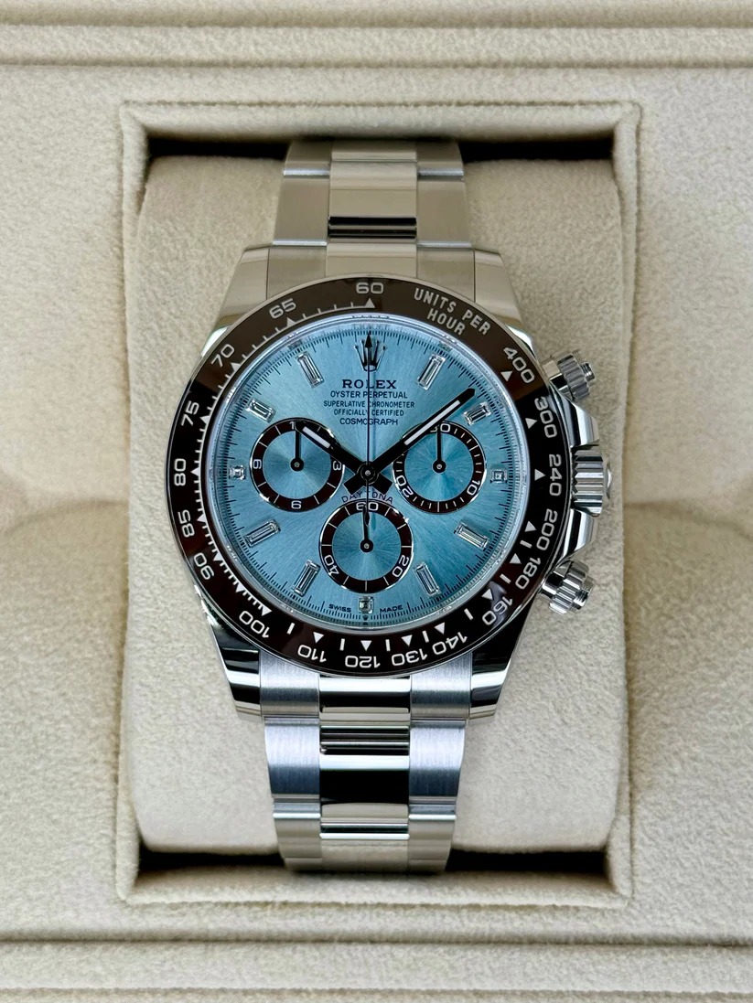 [Super Clone]Rolex Daytona 40mm Platinum Ice Blue Diamond Baguette Dial  m126506-0002
