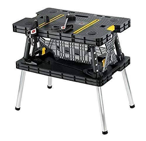 Keter - 197283 Folding Table Work Bench for Miter Saw Stand, Woodworking Tools and Accessories with Included 12 inch Wood Clamps - Easy Garage Storage