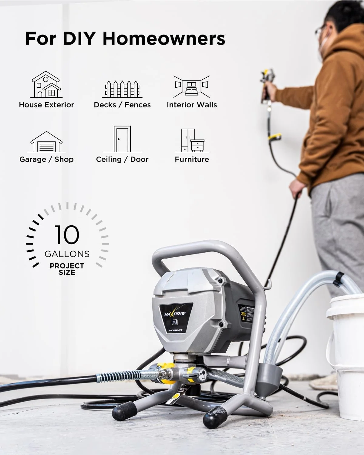 M1, 466W, 120V Gray Power Paint Sprayer, 5 Gallon, 2 Spray Patterns, 0.29 GPM, 22.55 lb, 1 Piece(MaXpray M1/Gray) - Image 2