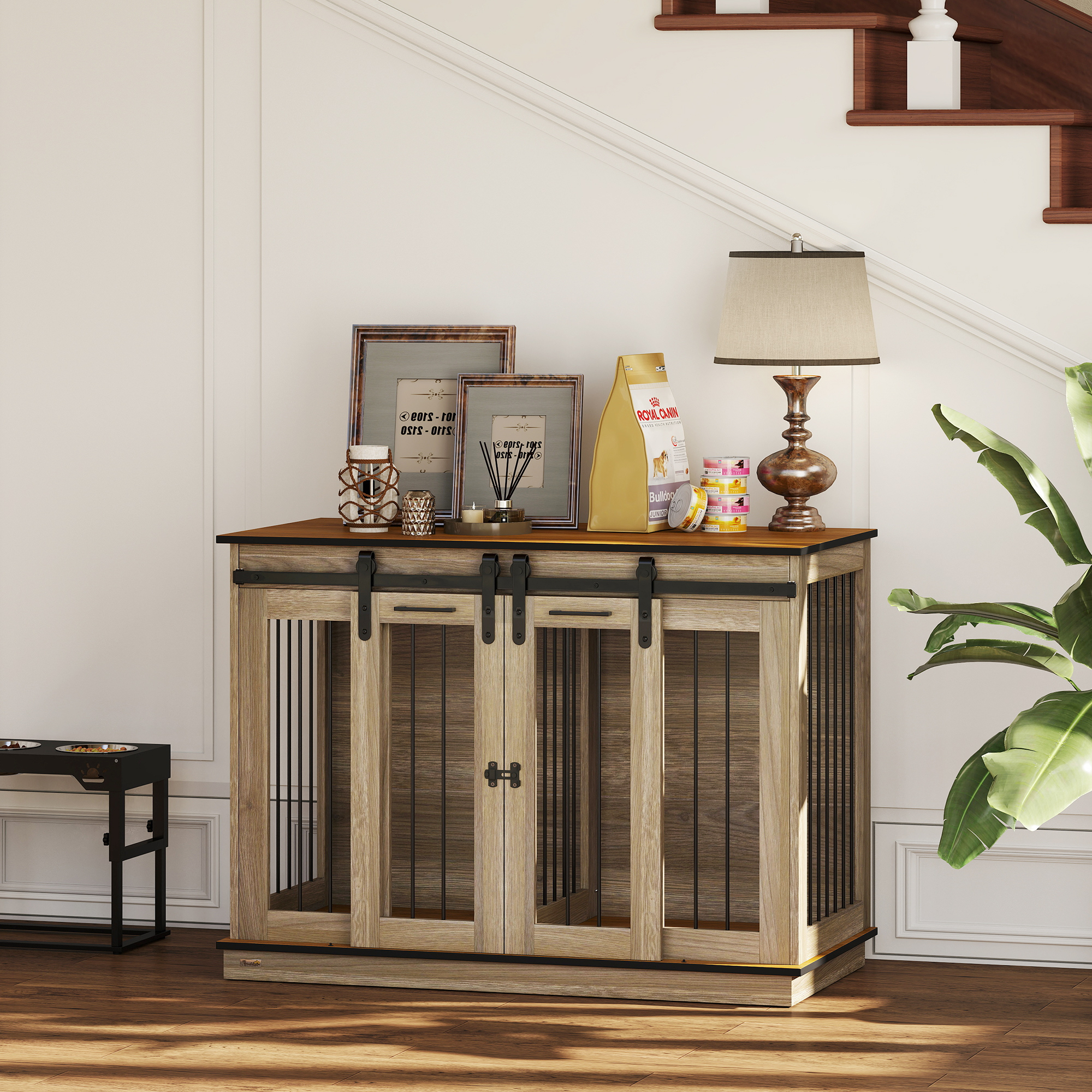 PawHut hondenkooi met 2 deuren, hondenbox, rustiek design, vergrendelbaar, bruin