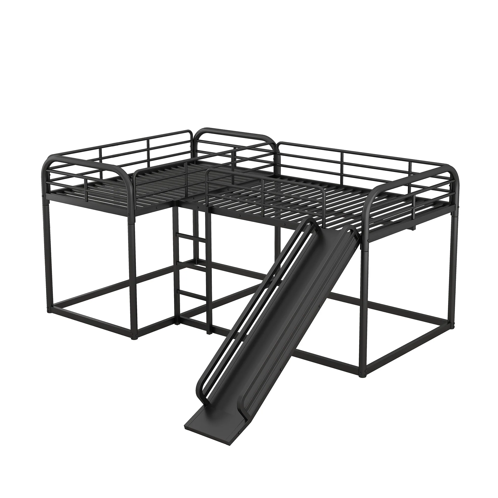 Full and Twin Size L Shaped Quadruple Metal Bunk Bed with Slide for Kids, Black Image 8
