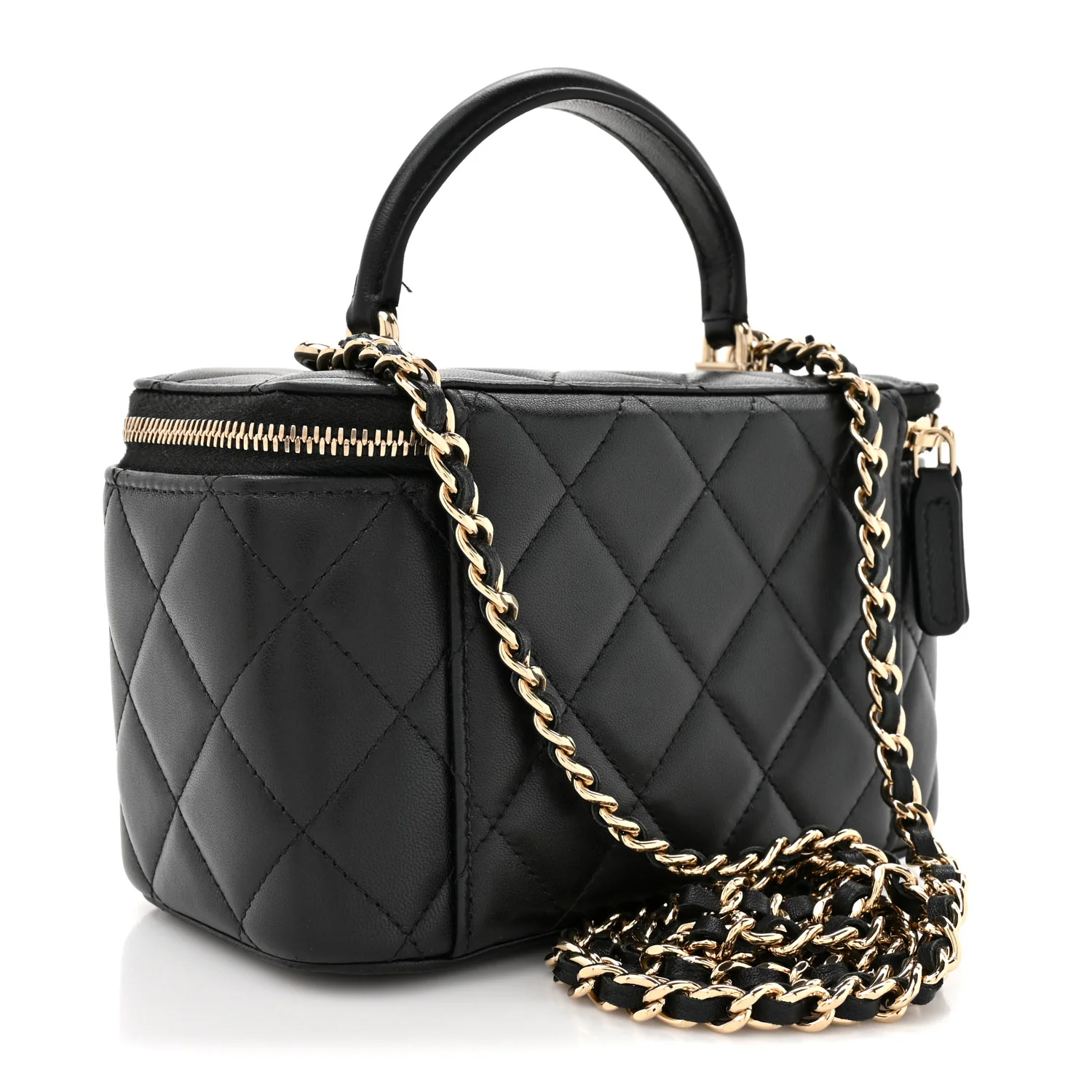 Lambskin Quilted Small Top Handle Vanity Case With Chain Black