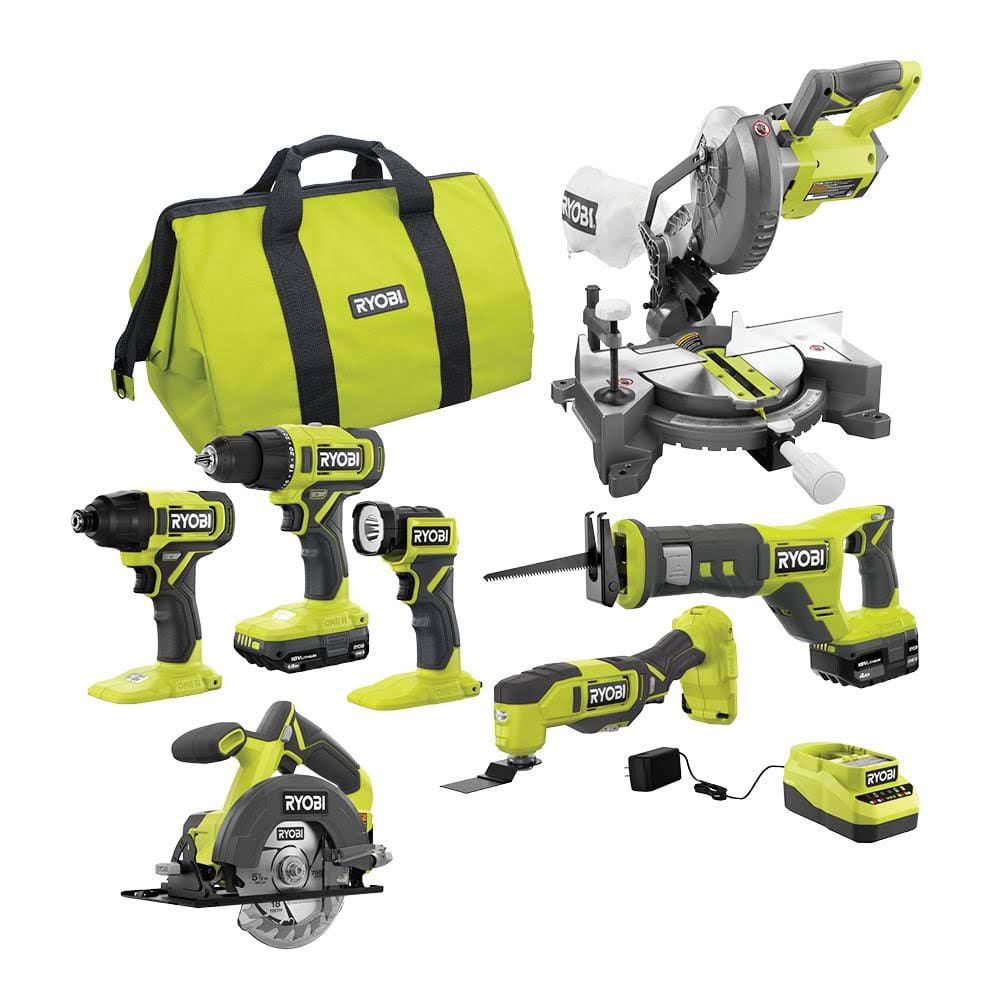 Ryobi PCL1600K2-P553 One+ 18V Cordless 6-Tool Combo Kit with 1.5 Ah and 4.0 Ah Batteries. Charger. and Miter Saw-Instock