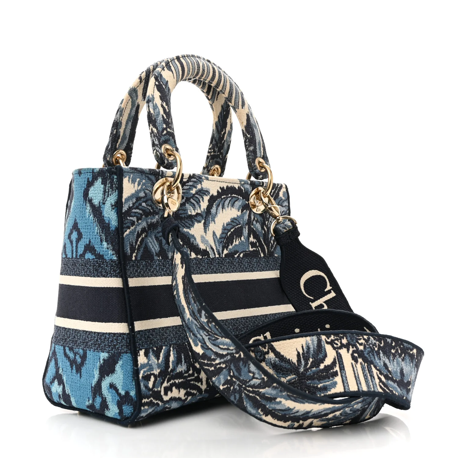 Canvas Embroidered Palm Tree Toile De Jouy Medium Lady D-Lite Blue
