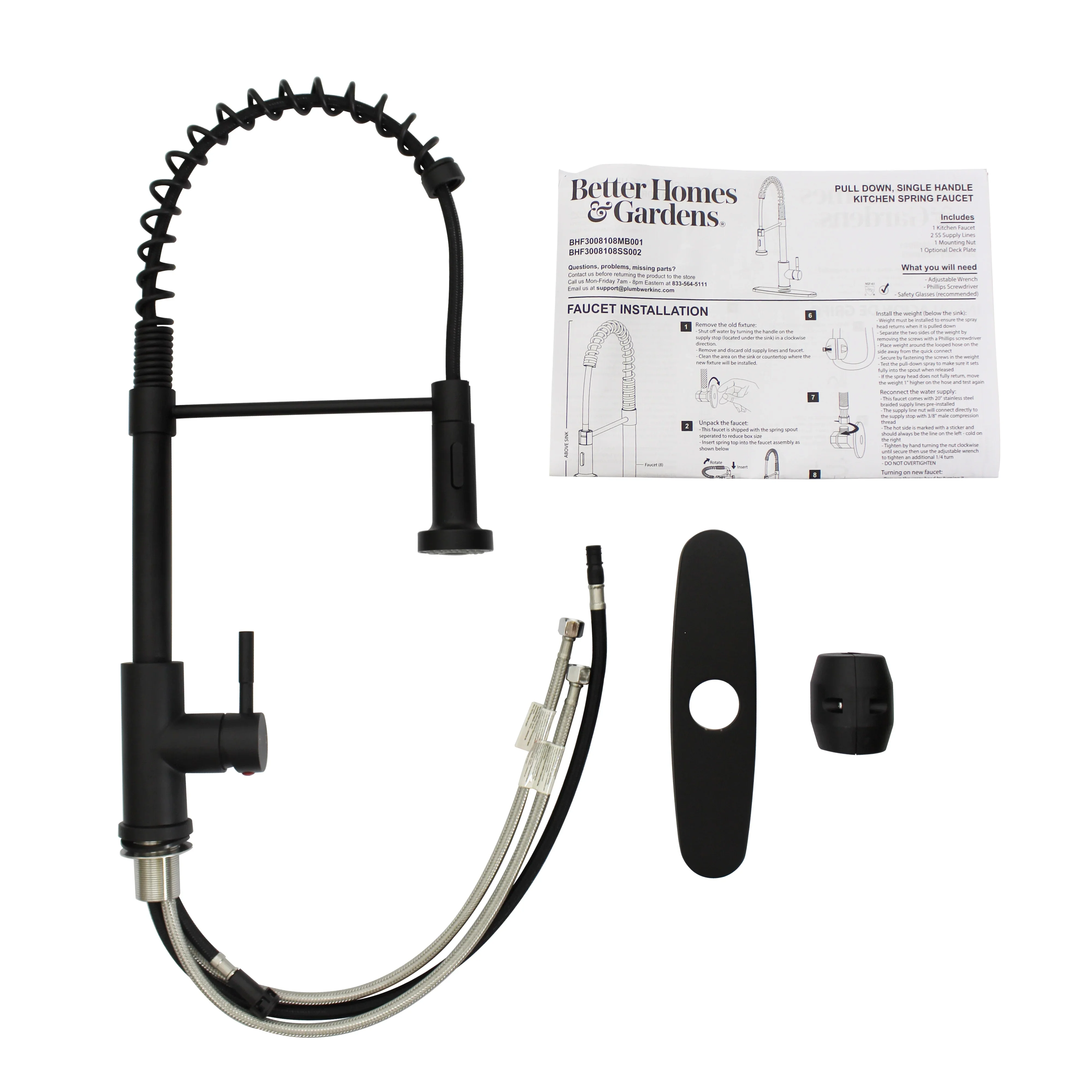 Better Homes & Gardens Elmont Single Handle Pull-Down Kitchen Faucet with Spring Neck, Matte Black