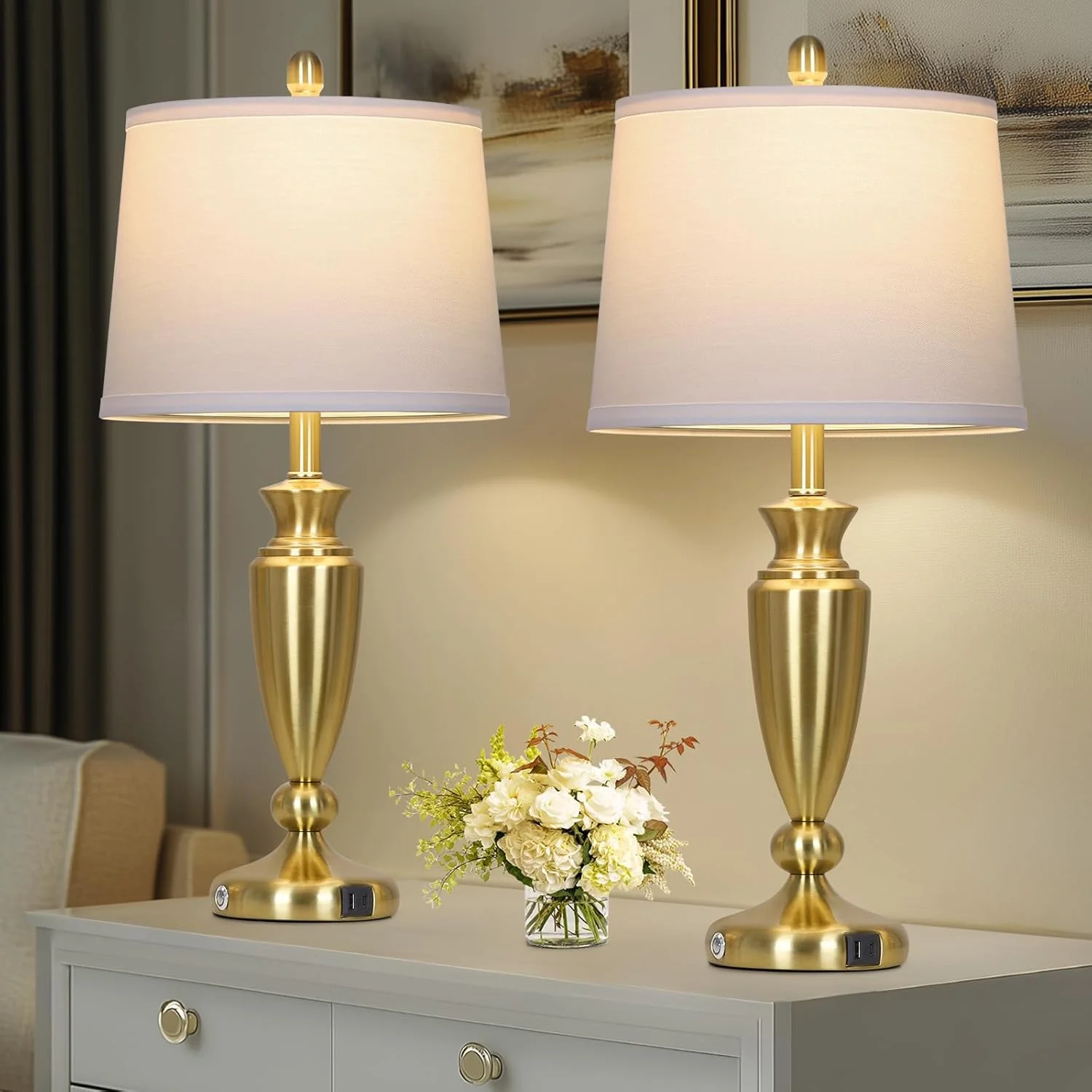 27'' Gold Table Lamps for Living Room, 3 Way Touch Control Bedside Lamps Set of 2 with USB A+C Ports, Modern Metal Nightstand Lamps for Bedroom Living Room Office End Table(Gold) Image 10