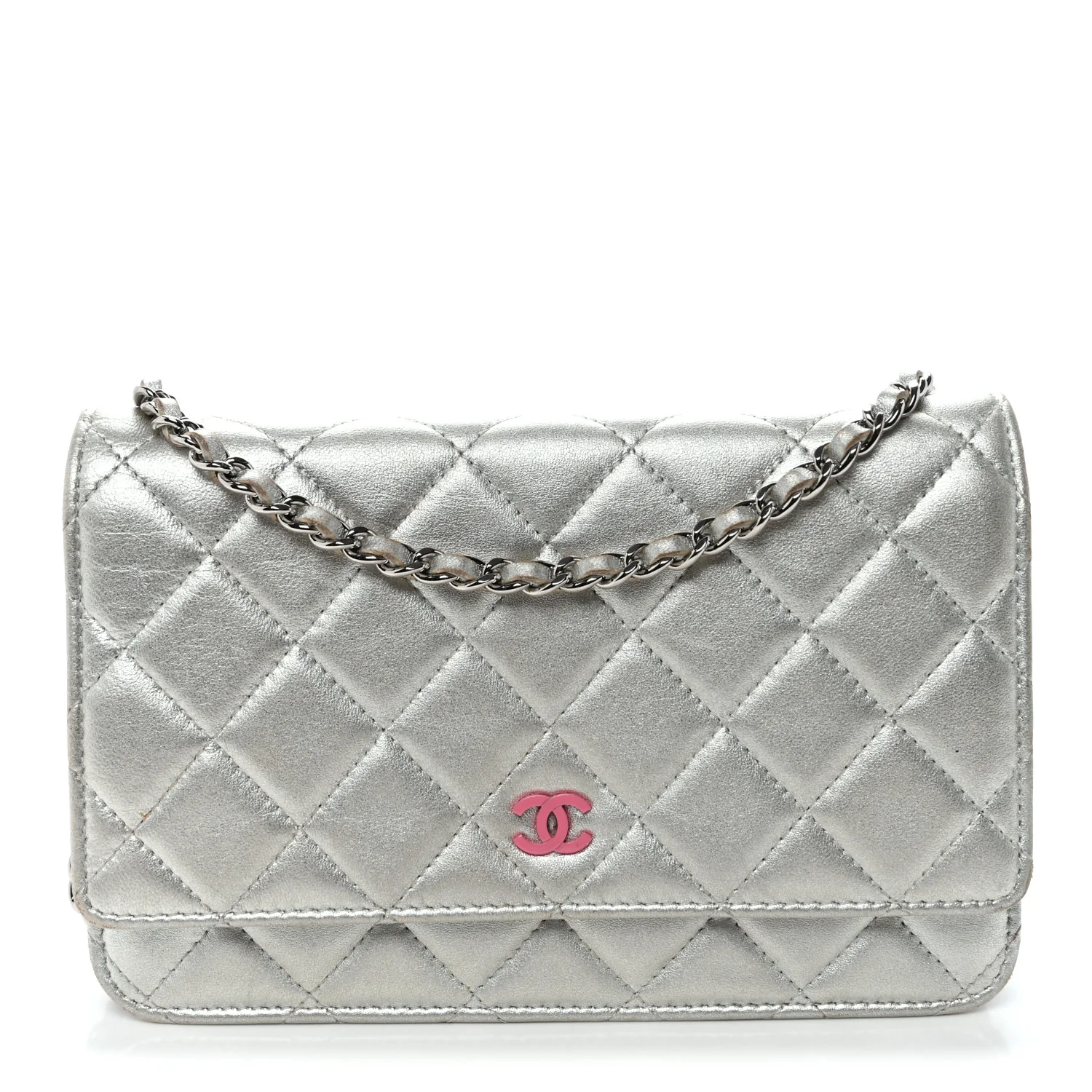 Metallic Lambskin Quilted Wallet On Chain WOC Silver