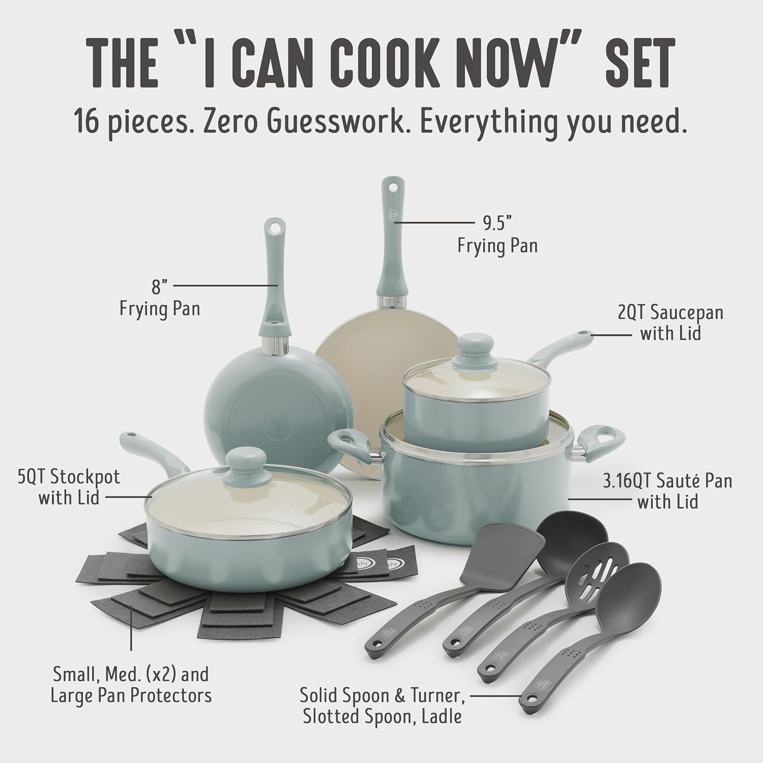 GreenLife 16pc Ceramic Nonstick Pots & Pans Cookware Set, Mint Green