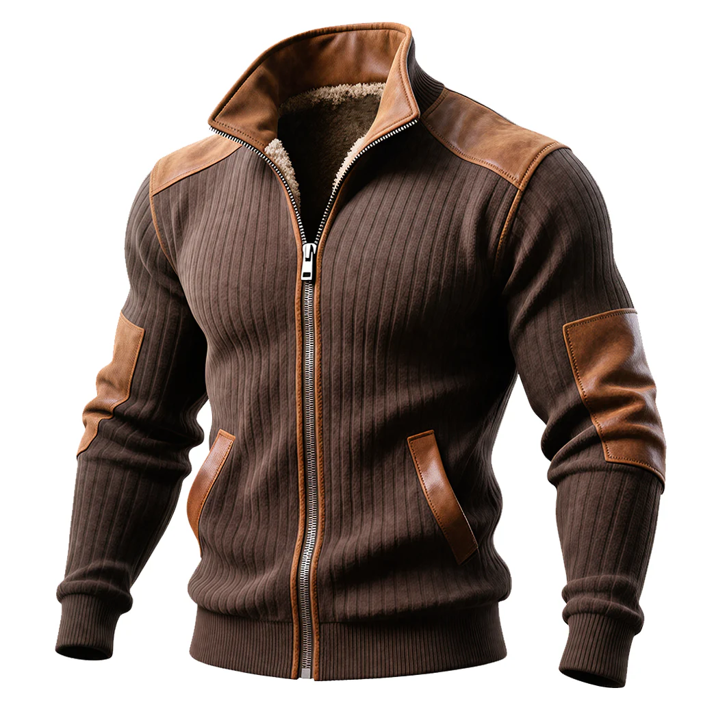 Veste Marron Côtelé avec Zip et Accents en Cuir