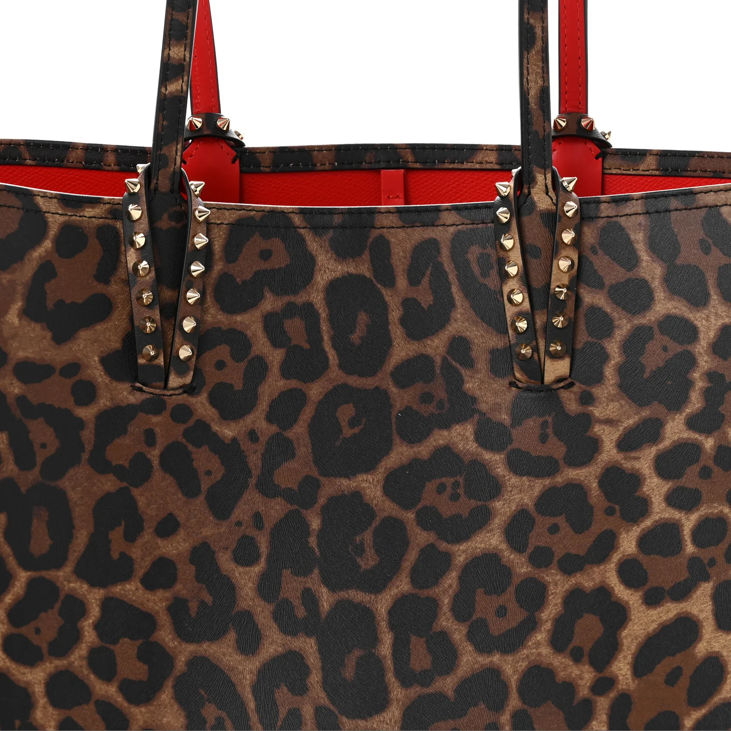 Calfskin Leopard Print Spikes East West Cabata Tote Brown