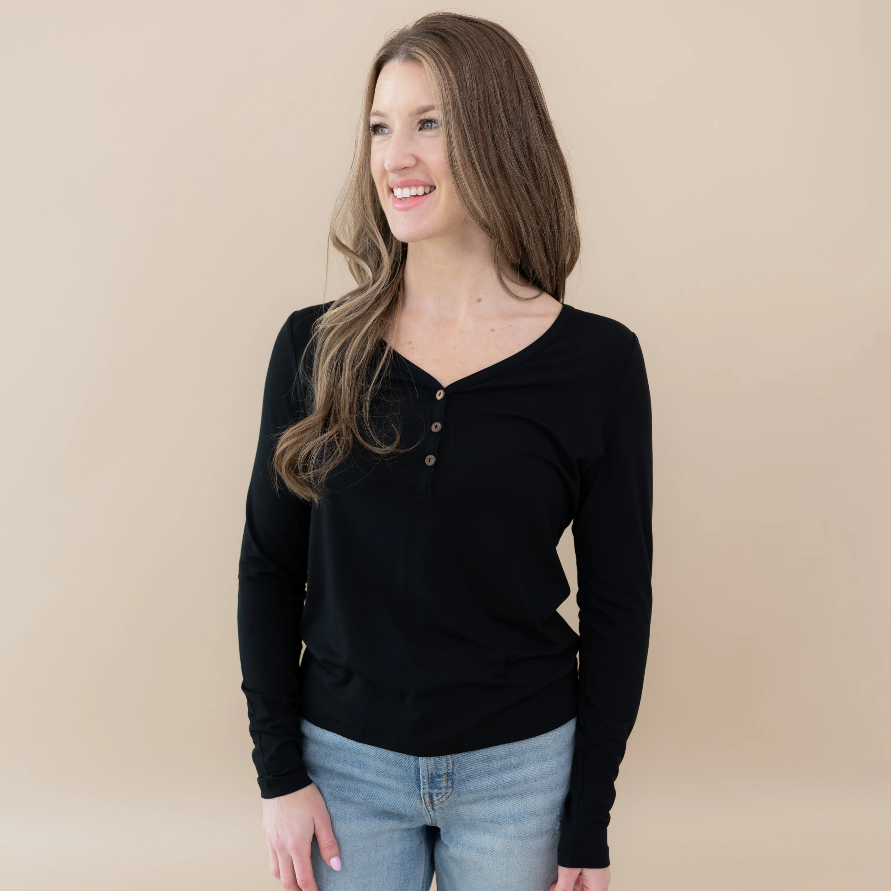 Women's Long Sleeve Henley Tee in Midnight
