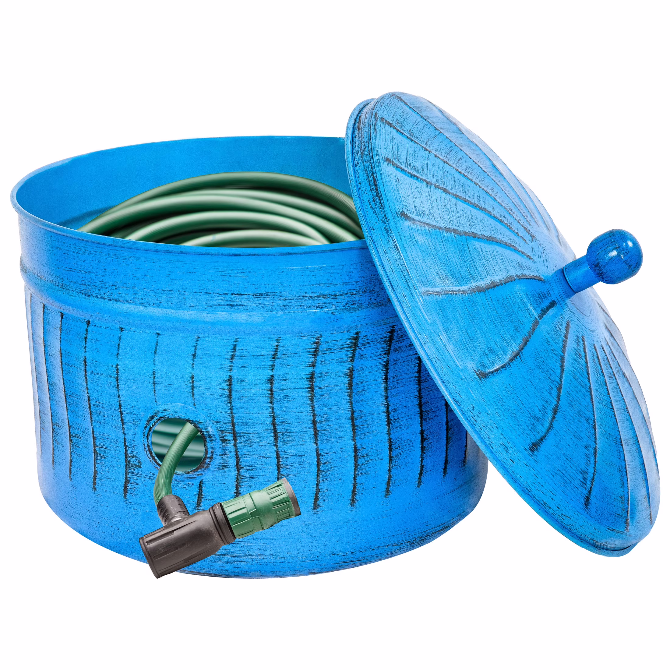 Sunnydaze 17.5 Embossed Metal Garden Hose Holder Pot with Lid, Blue Patina