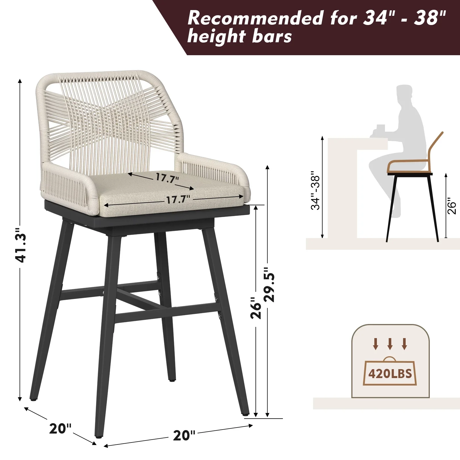 MEISSALIVVE Set of 2 Rattan Swivel Bar Stools, 26 Counter Height with Woven Rope Back, Cushioned Patio Bar Chairs for Kitchen, Garden, Beige