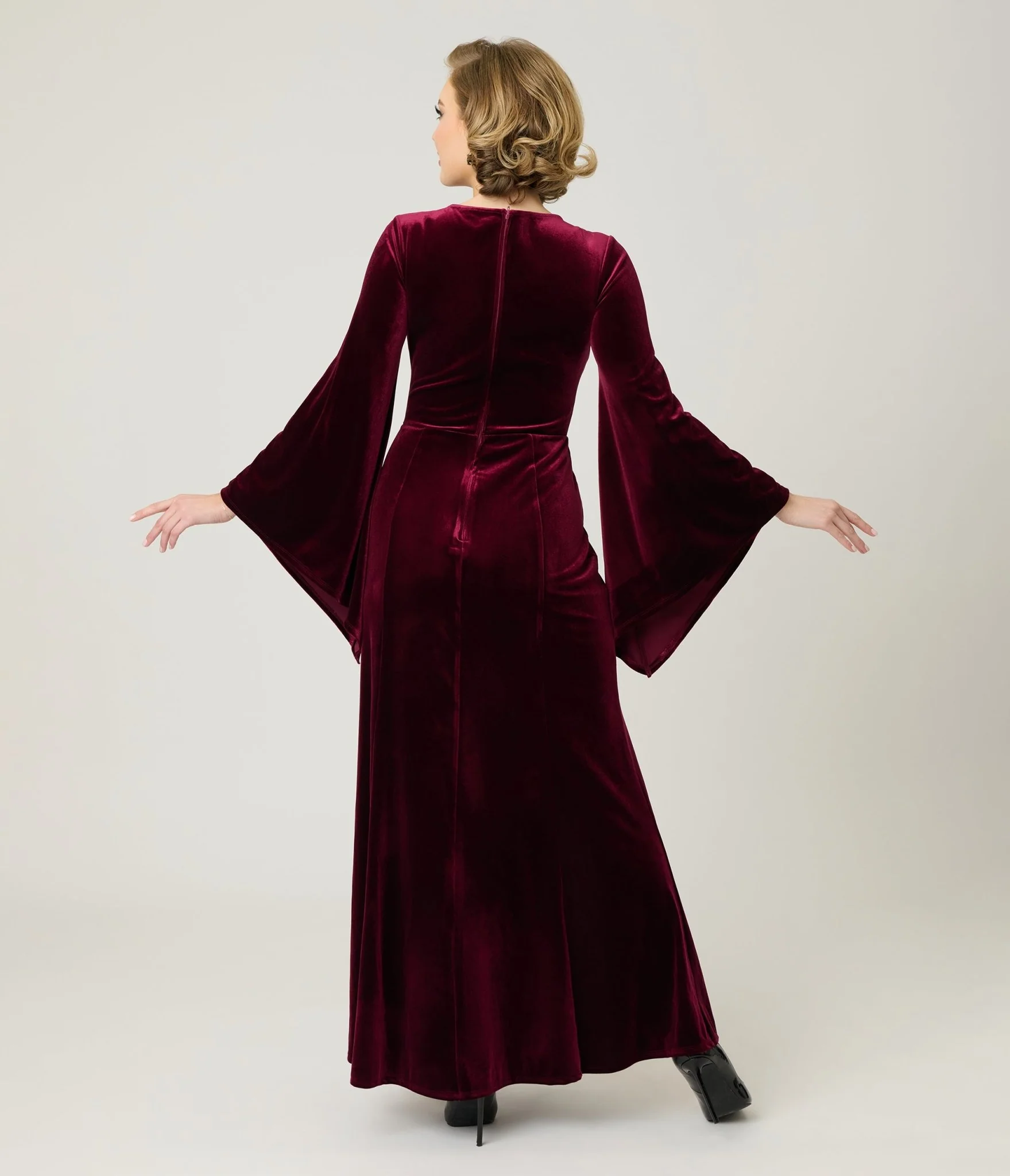 Elvira x Unique Vintage Burgundy Dagger Velvet Maxi Dress