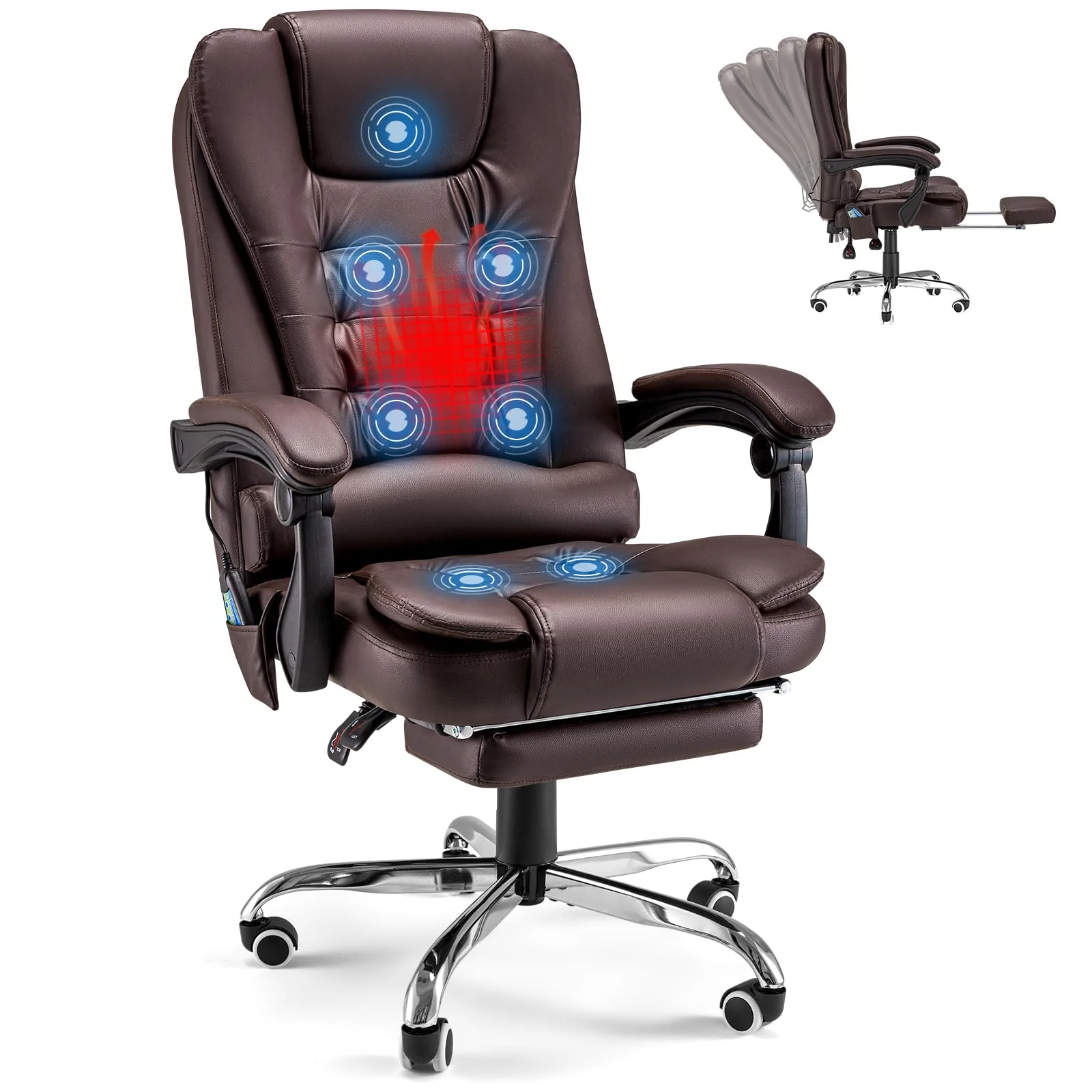 AECOJOY Office Chair with 7 Points Vibration Massage&Heat Functions, Brown Leather with Footrest