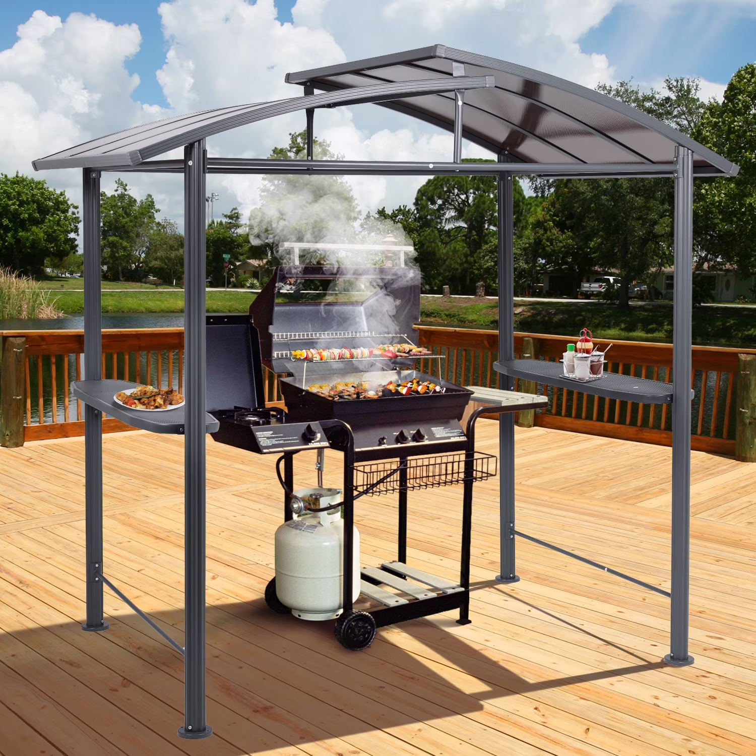 Aoodor 8 x 5 Ft. Hardtop BBQ Grill Gazebo Shelter with Side Shelves for Outdoor Patio Cooking and Barbecue