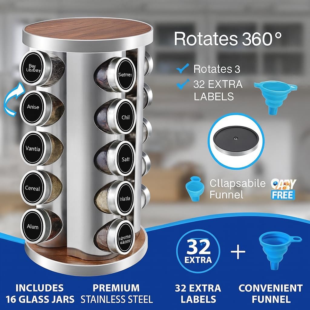 360° Rotating Spice Rack with 16 Glass Jars – Stainless Steel Countertop Seasoning Organizer with Airtight Lids, Labels, Funnel & Gift Box – Kitchen Storage for Herbs & Spices