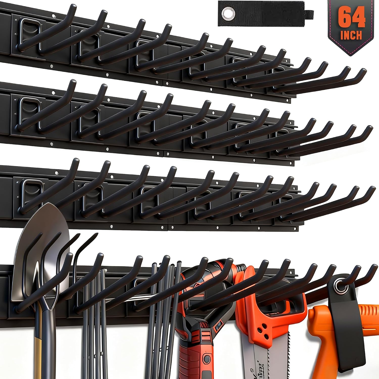 HORUSDY 64-Inch Heavy Duty Garage Organization Rack, 14 Packs Max Load 600LB, 4 Packs Rails and 9 Adjustable Hooks, Tool Organizer Rack with Heavy Double Hooks Tracks