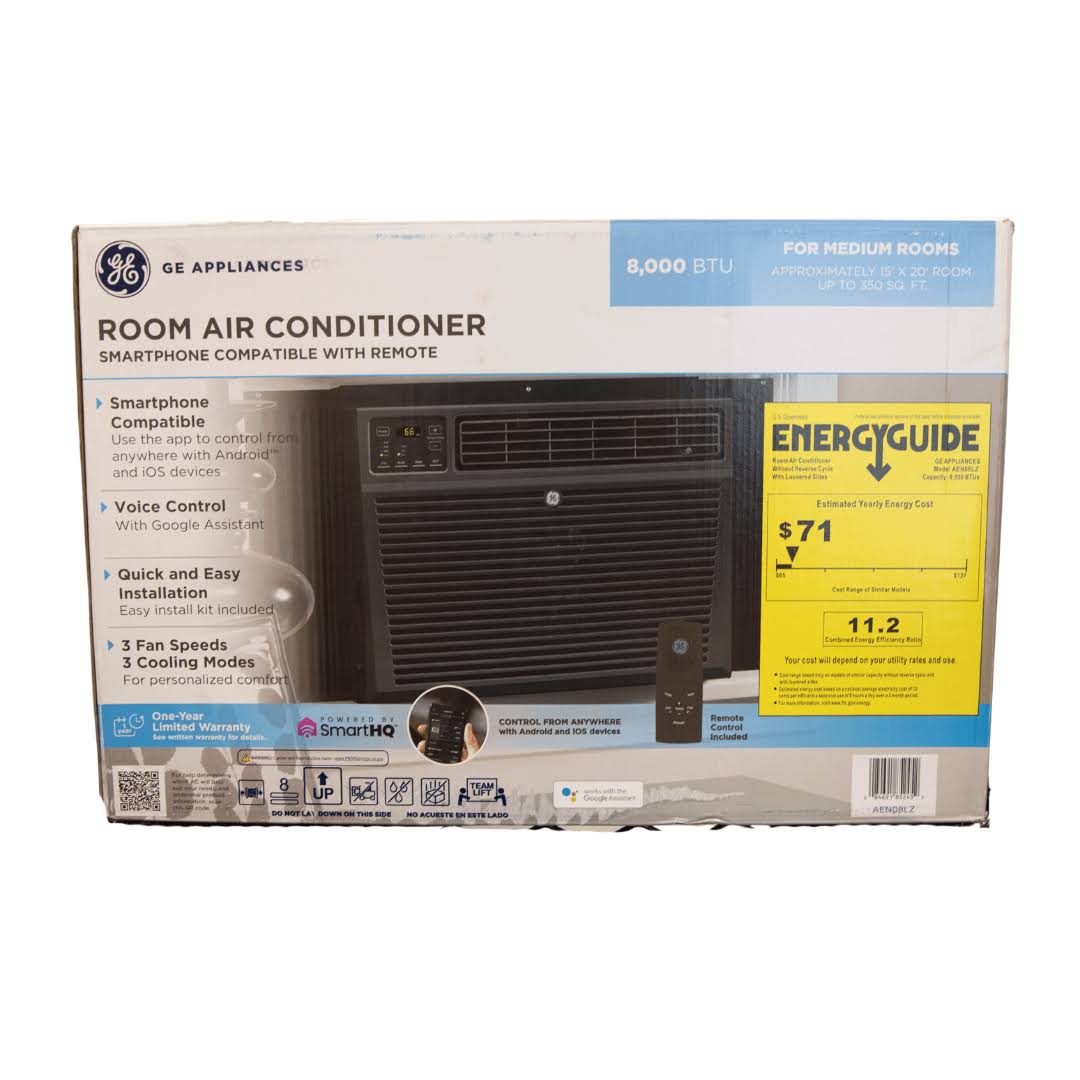 GE 8,000 BTU 115-Volt Smart Window Air Conditioner with Remote, AEN08LZ, Black