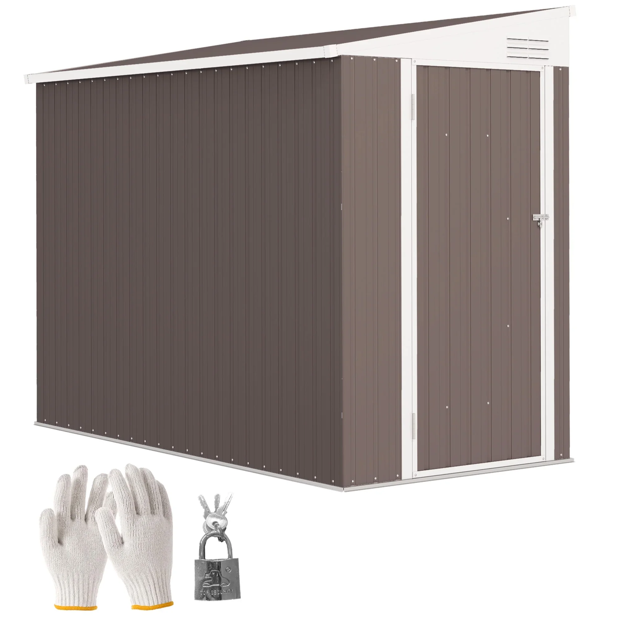 Outsunny 4' x 7.7' Steel Garden Storage Shed Lean to Shed Outdoor Metal Tool House with Lockable Door & Air Vents for Backyard Patio Lawn, Brown