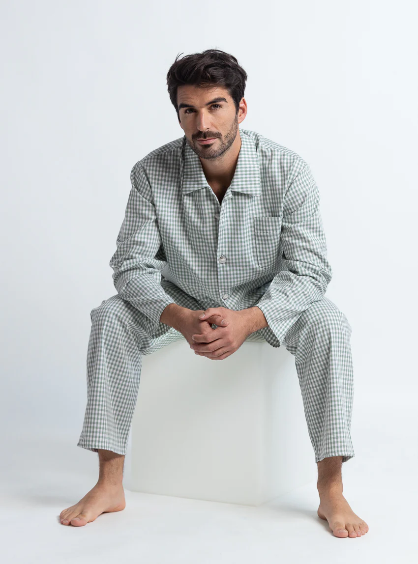 Pyjama homme en coton carreaux vert sauge