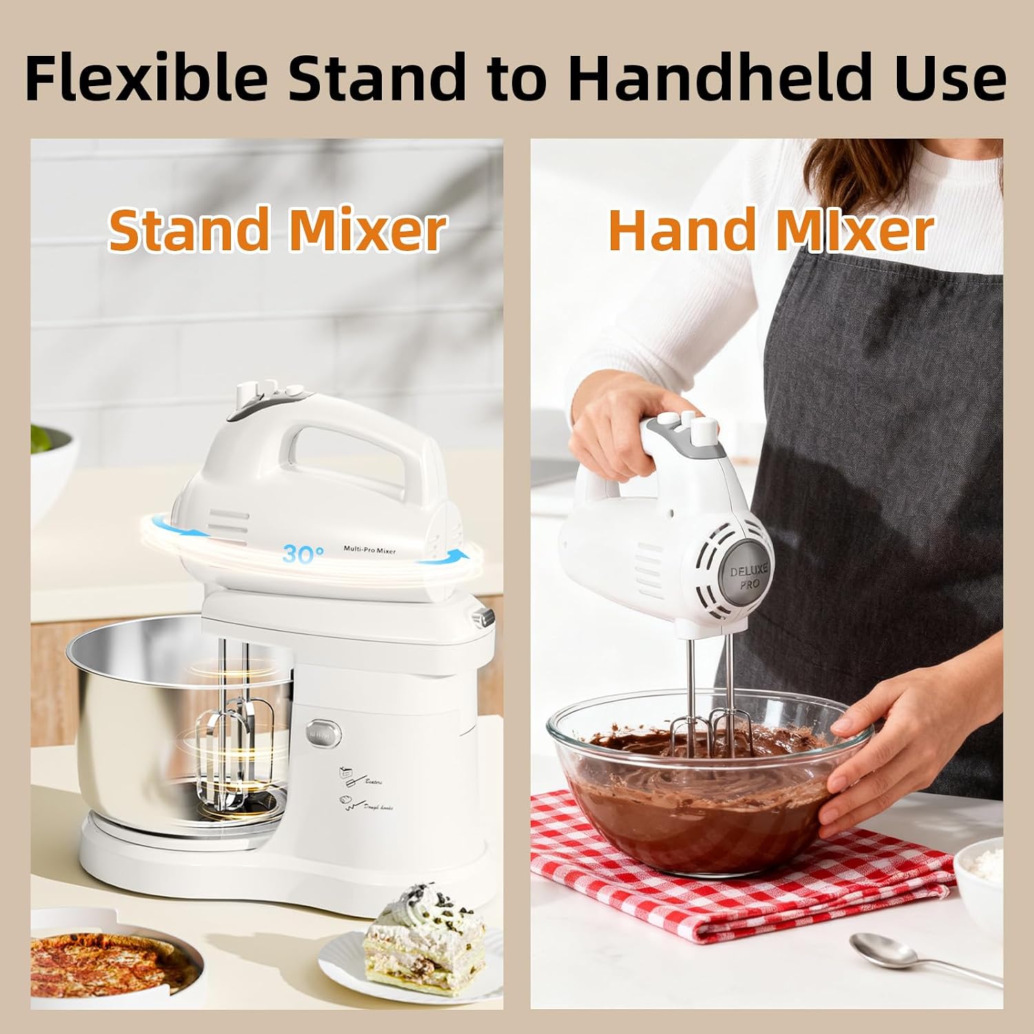 3.2QT 2-in-1 Stand Mixer, Electric Kitchen Mixer with Auto-Rotating Bowl & Tilt-Head, 5-Speed 250W Turbo Baking Machine for Beginners with Beater & Dough Hook for Cookies, Bread, Cake (White)