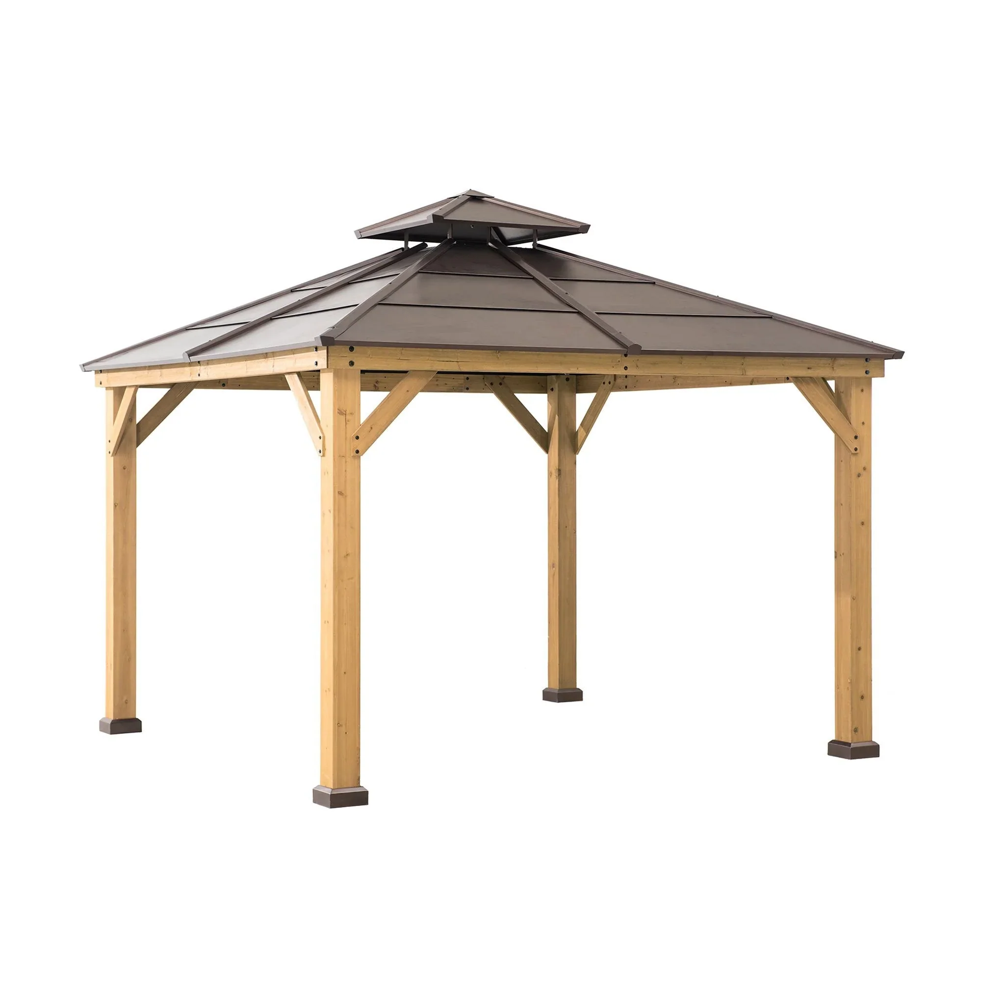 Gazebo de 3 m x 3 m à ossature cèdre avec toit rigide à deux pans en acier