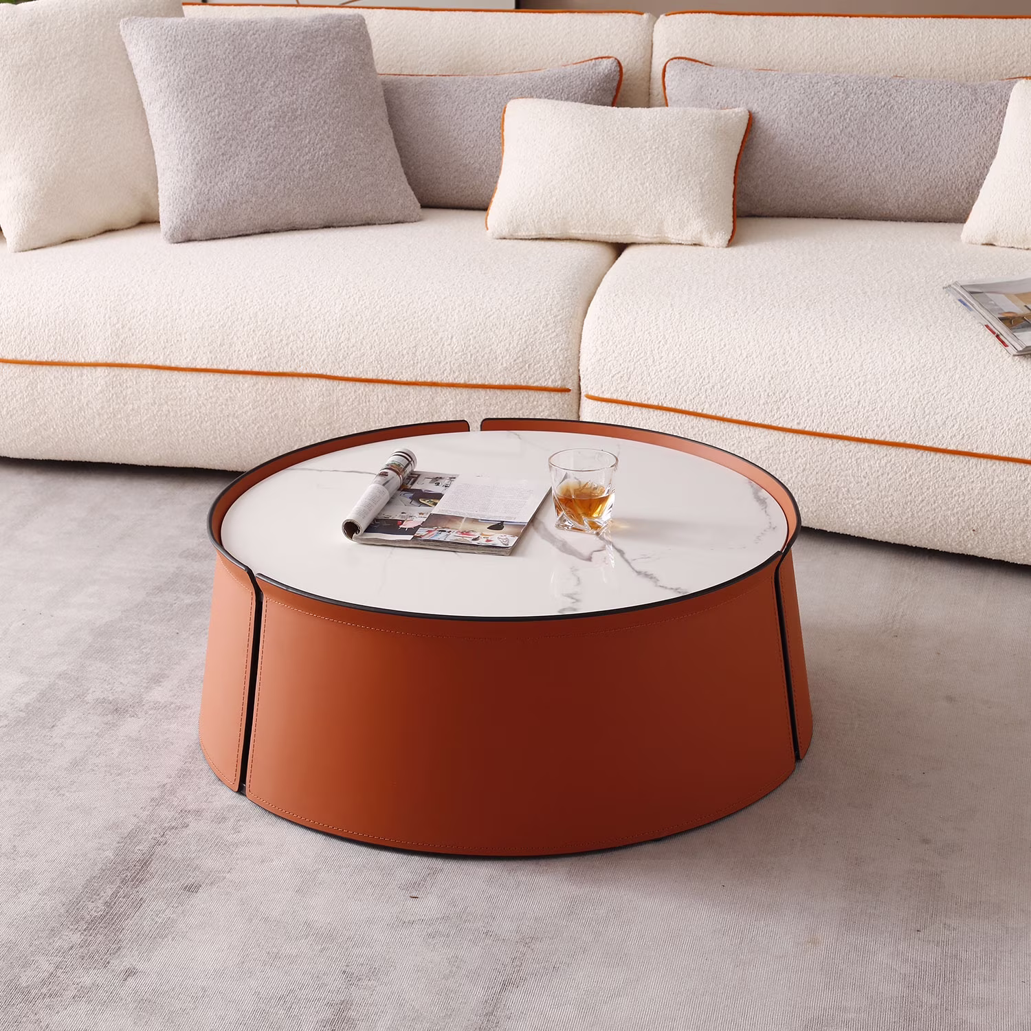 31.5inch Coffee Table, Marble Top+Orange Saddle Leather Body+Iron Frame(Orange)