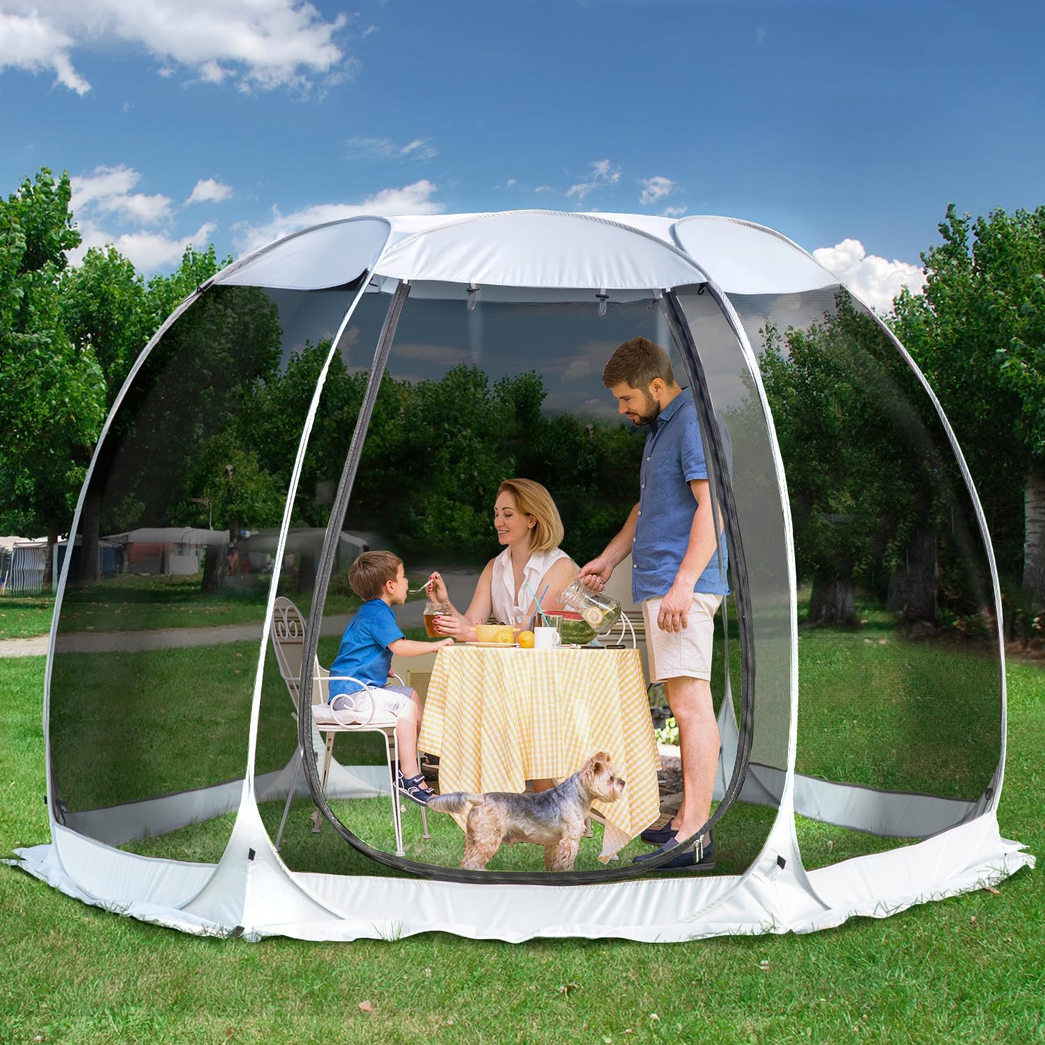 Gazebo moustiquaire pouvant accueillir 6, 10 ou 15 personnes. Tente de style igloo avec moustiquaire latérale. Idéal