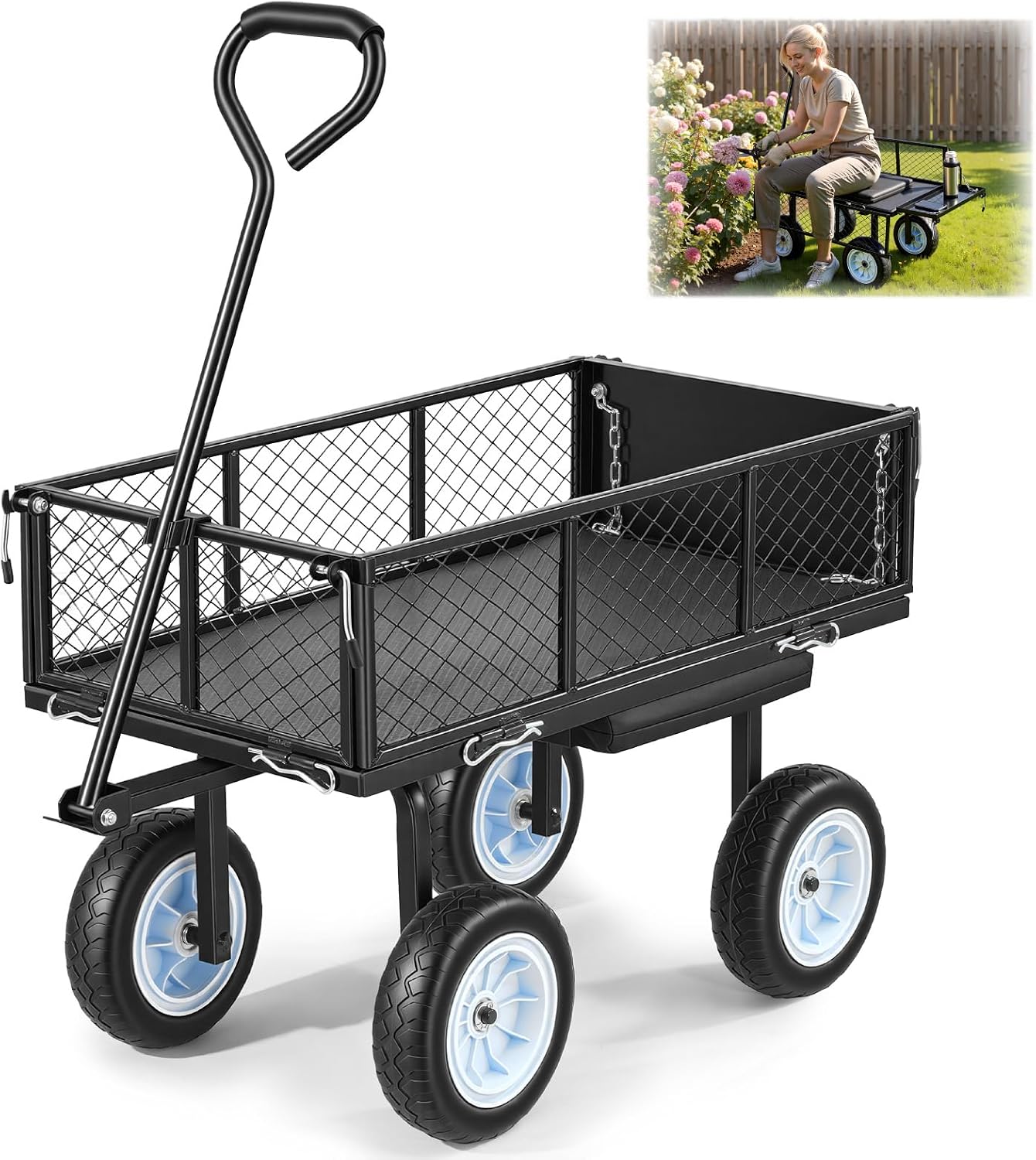 VEVOR 500 LBS Steel Garden Cart with Work Seat, Heavy Duty Garden Wagon Cart on Wheels, Outdoor Metal Utility Yard Wagon Gardening Stool with 10-inch Flat Free Tires, Tool Tray & Adjustable Handle