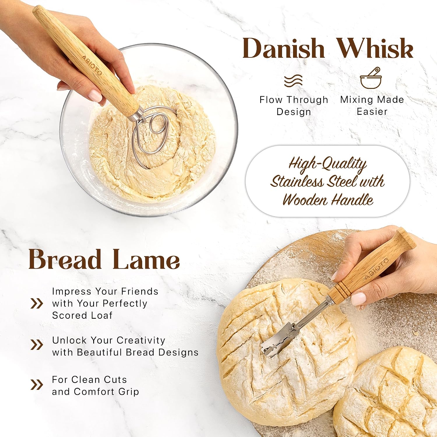 ABIOTO Banneton Baskets with Sourdough Bread Baking Supplies - 17-Piece Kit