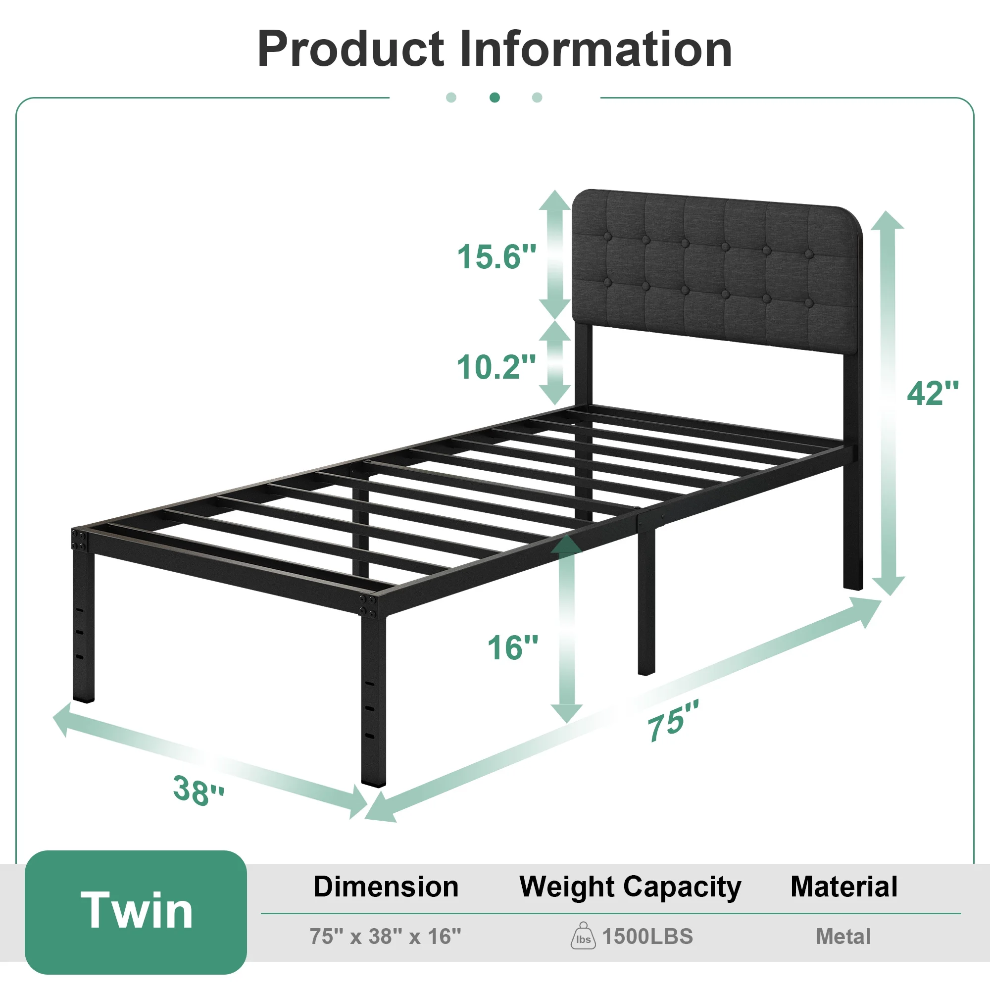 Maenizi Twin XL Bed Frames with Upholstered Headboard, 18 in Twin XL Metal Bed Frame No Box Spring Needed, Heavy Duty Metal Slats, Noise Free, Easy Assemble, Grey