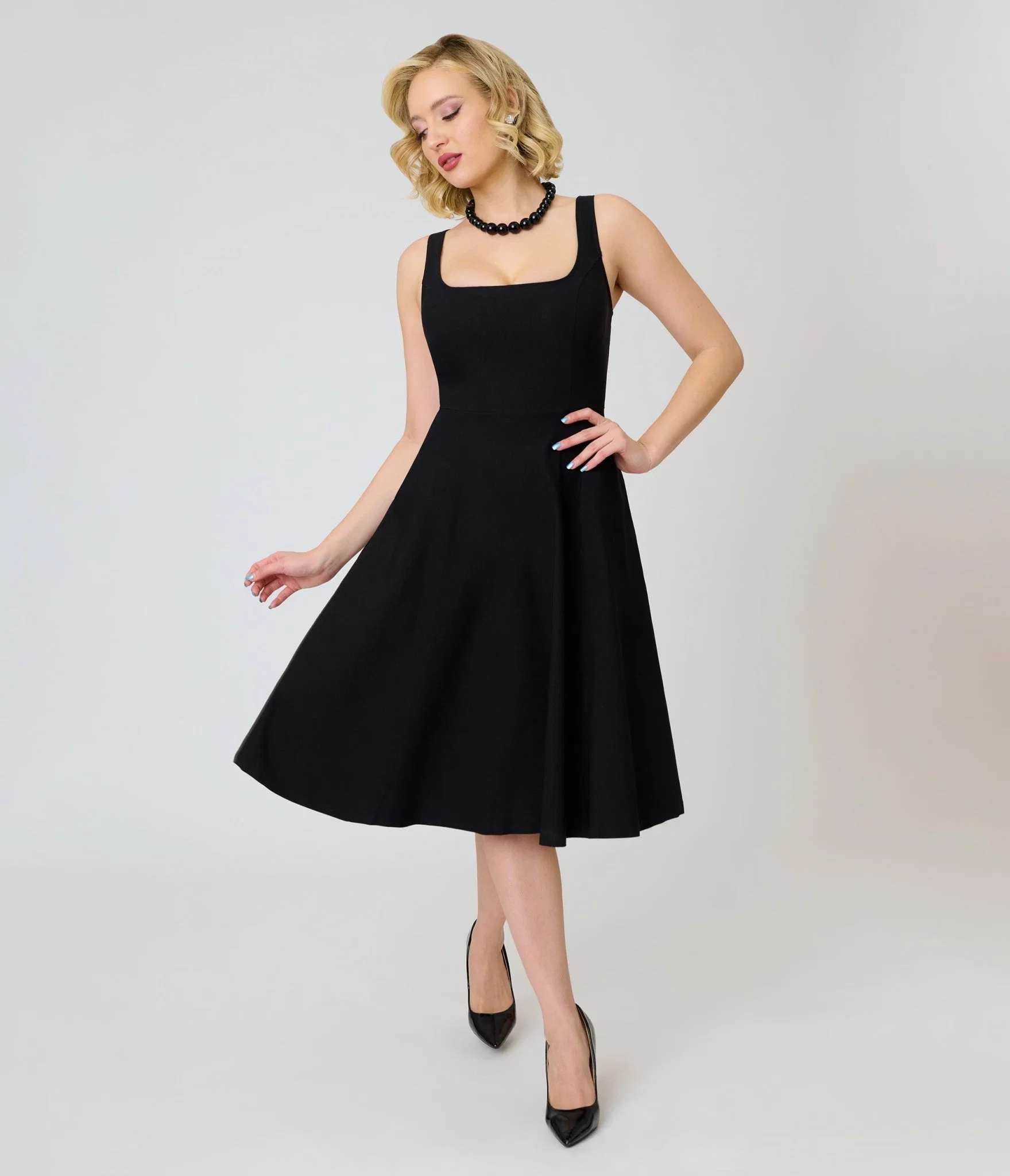 Unique Vintage Black Square Neck Pleated Swing Dress