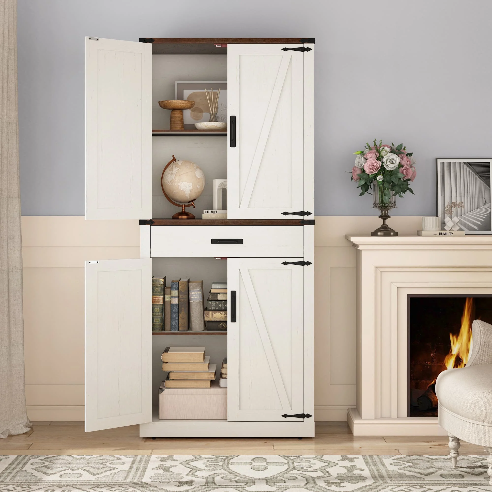 72" Tall Farmhouse Kitchen Pantry Cabinet w/1 Drawer 4 Roomy Storage Shelves, Versatile Wood Storage Cabinet with 4 Barn Door Adjustable Shelves for Dining Room Bathroom Utility Room(White) - Image 10