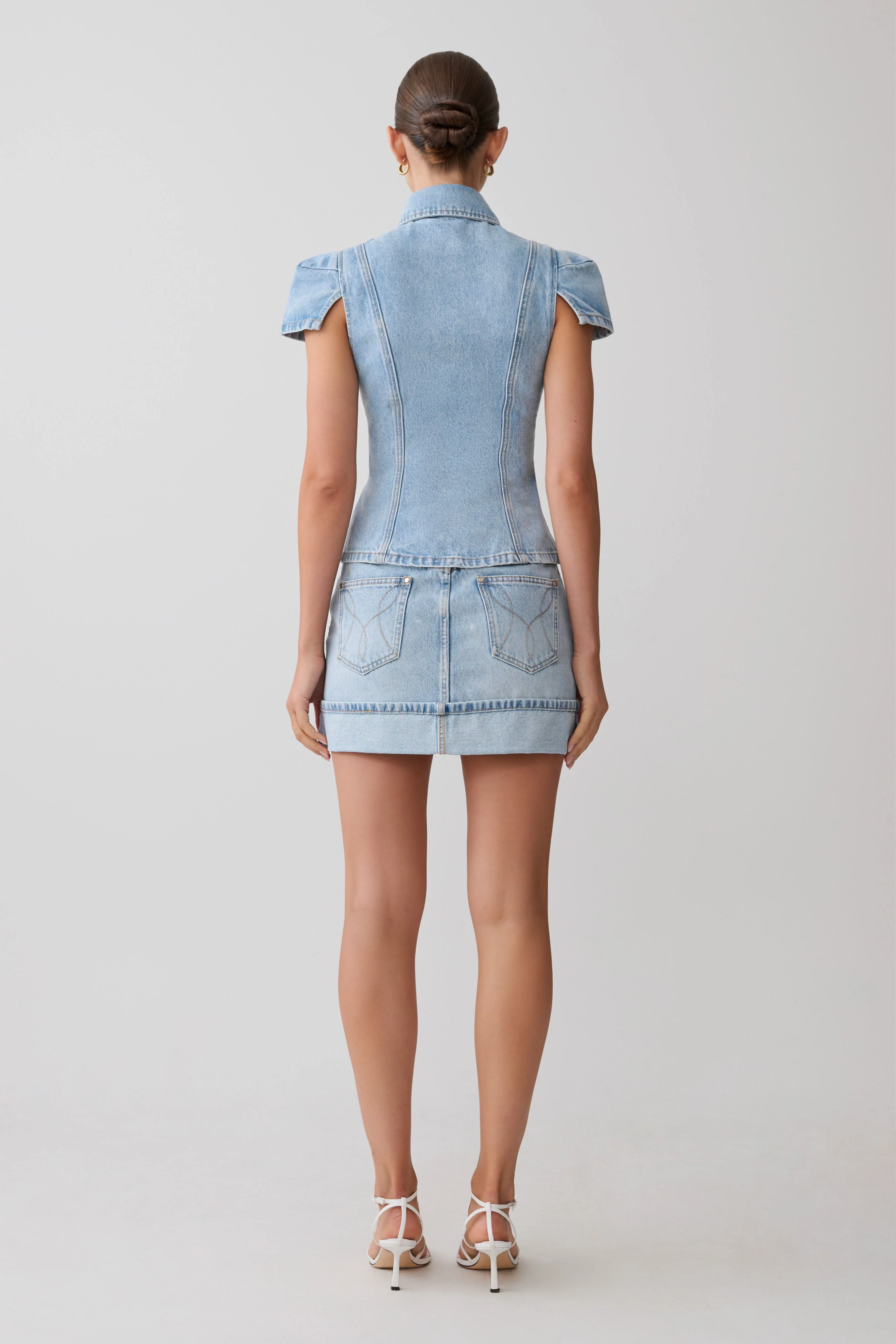 Bently Short Sleeve Denim Top - Washed Light Blue