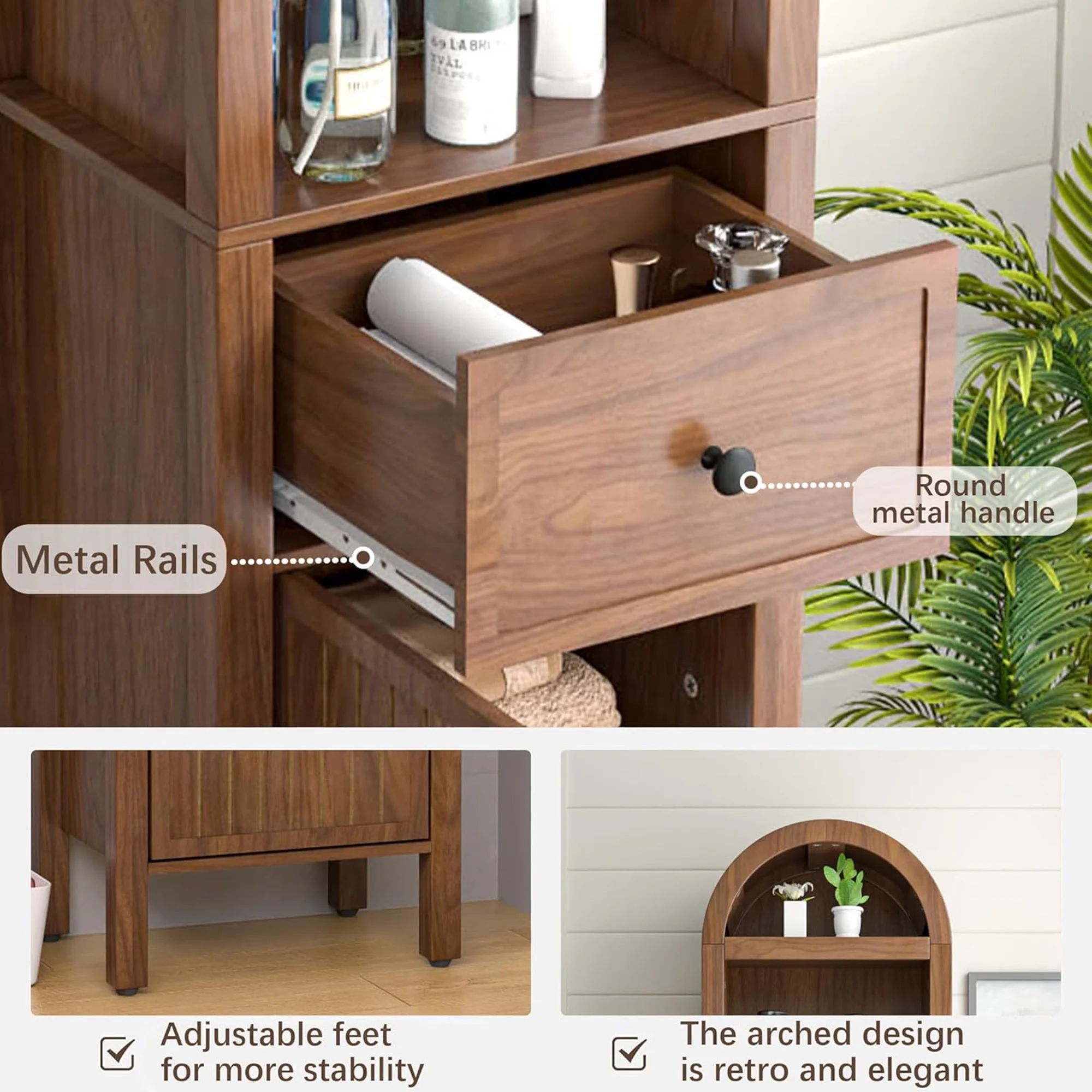 Bathroom Storage Cabinet Narrow Tall Cabinet Storage Tower with Door and Drawer(Walnut Color) - Image 2