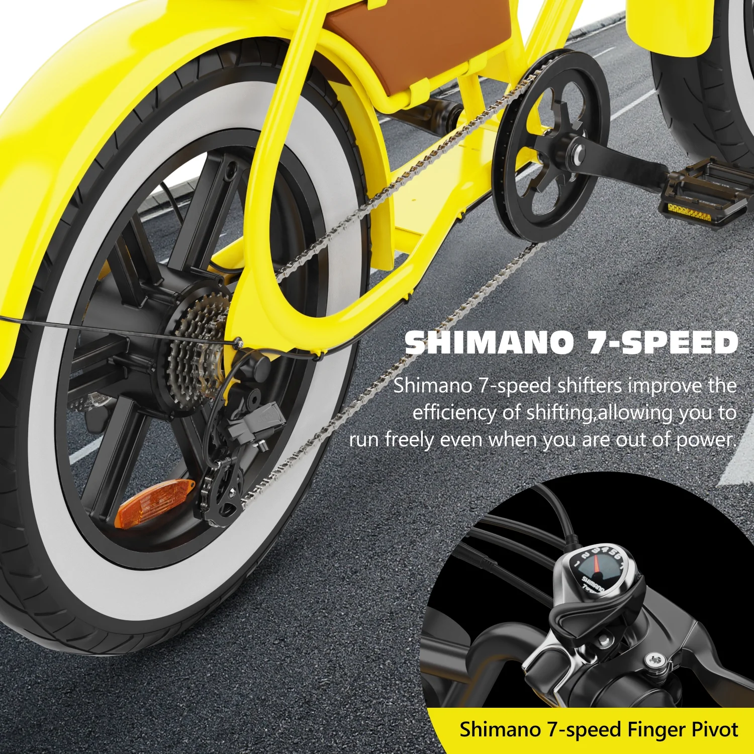 ? Electric Bike for Adults 20" Fat Tire Retro Cruiser, 7-Speed E-Bike with Cruise Control Accessories (Pump/Leather Seat)(Yellow) - Image 5