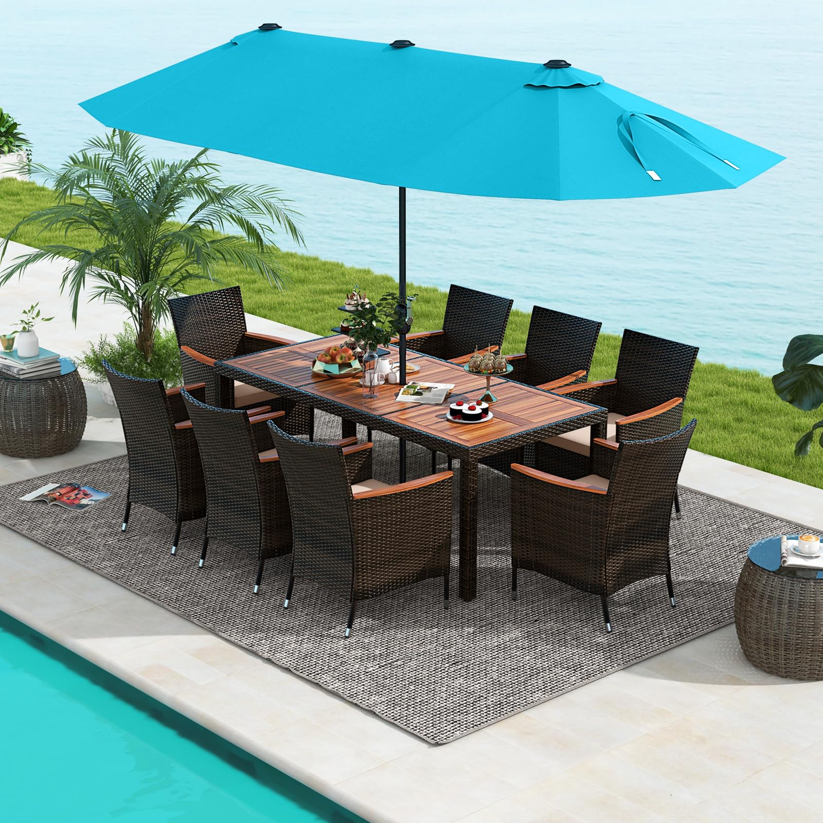 Tangkula 11 Pieces Outdoor Rattan Furniture Set  with 15ft Double-Sided Patio Umbrella (Base Included)