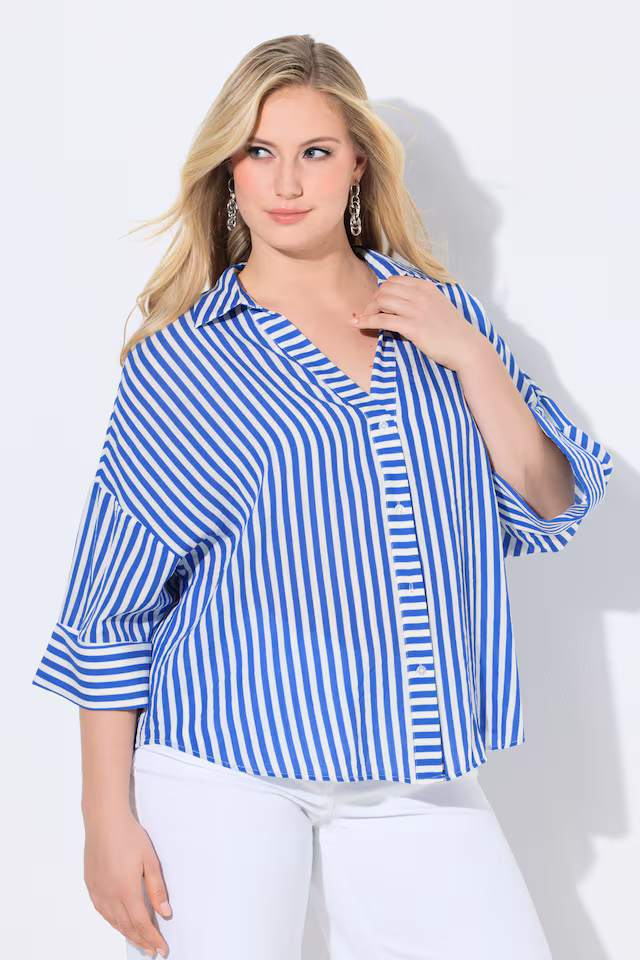 Mixed Stripe 3/4 Sleeve Button Down Blouse