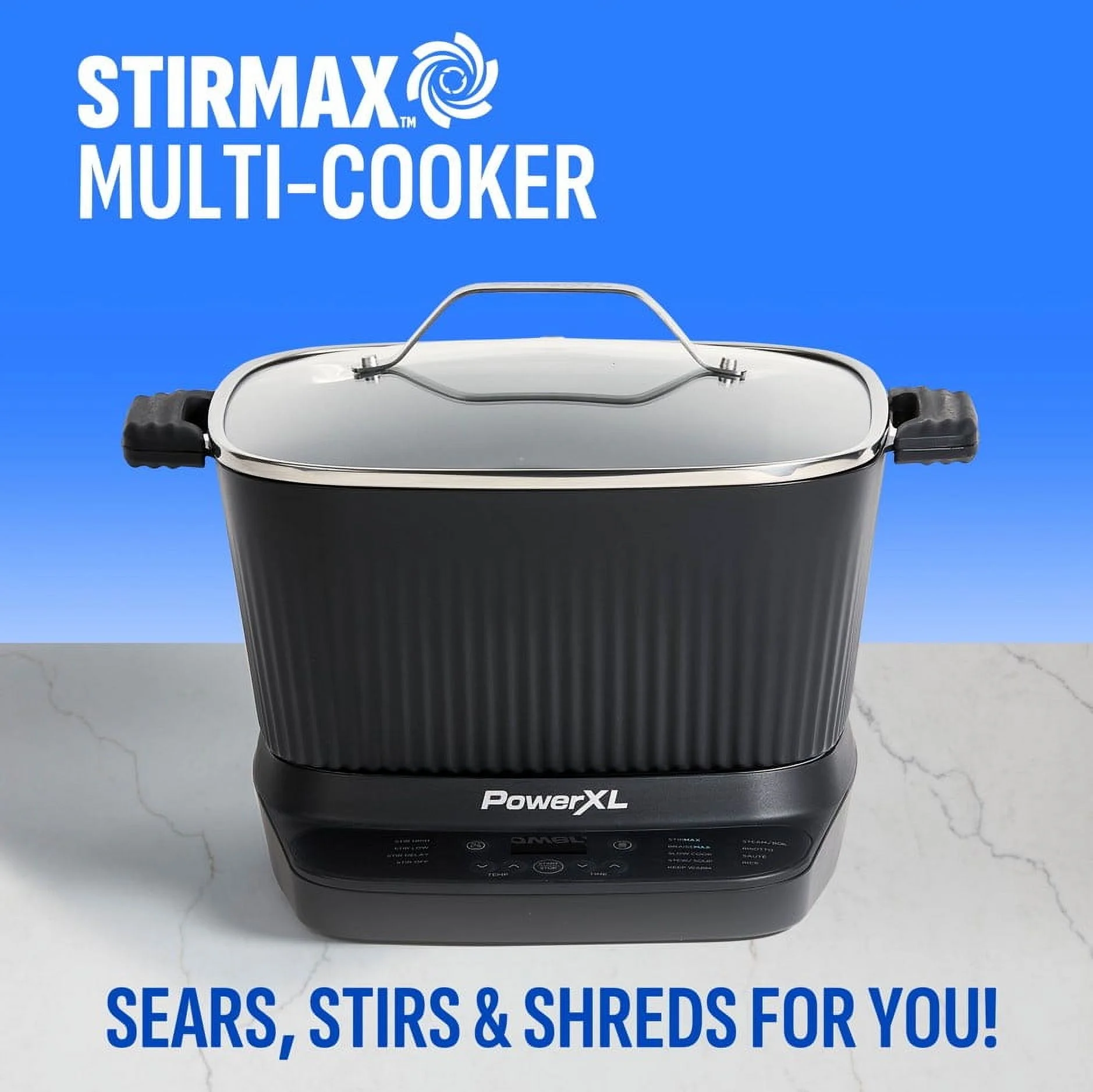 Power XL Stirmax 7.5 Qt Multi - Cooker with Auto Stir/Shred Paddle and 9 Presets, Matte Black
