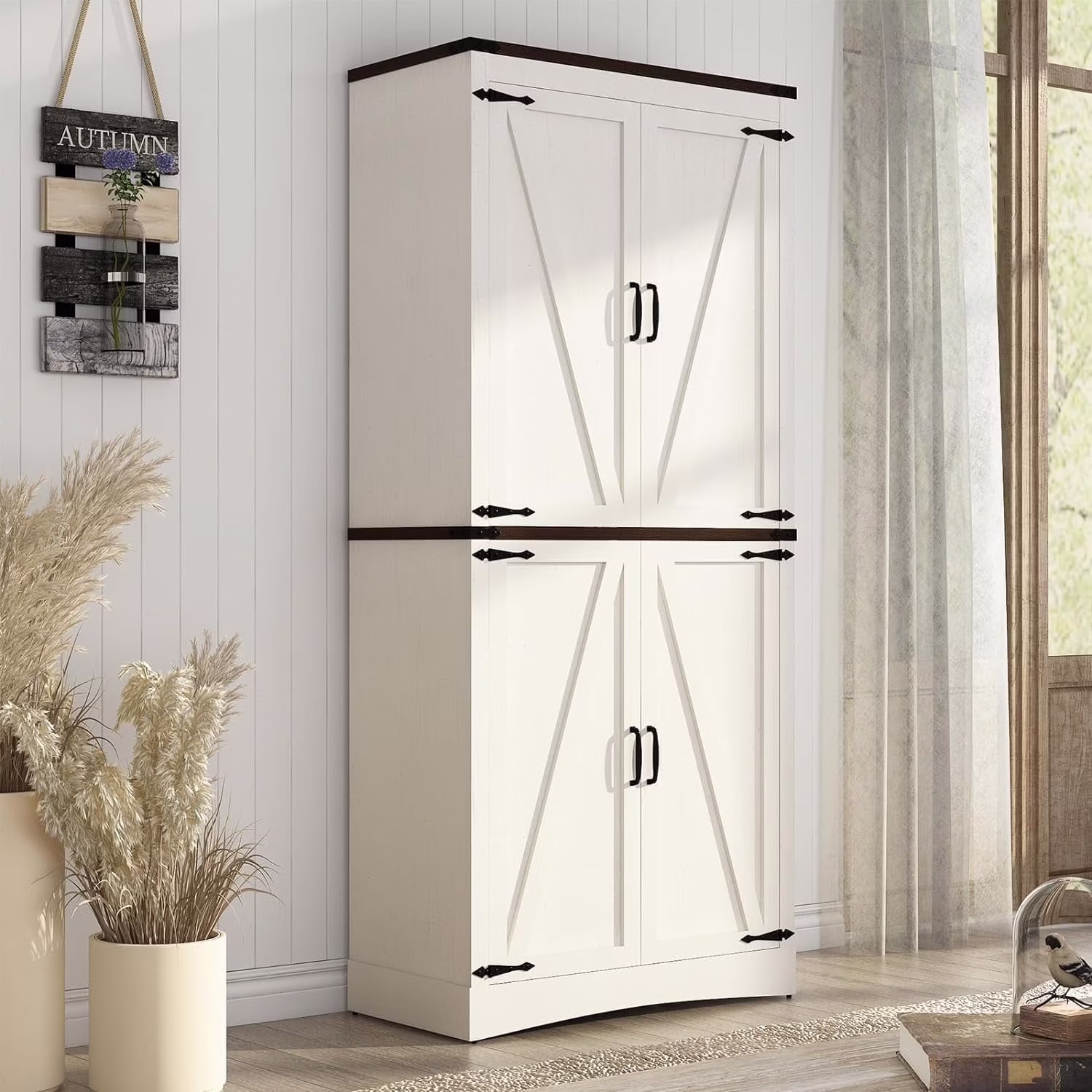 71" Tall Farmhouse Kitchen Pantry Cabinet, 5 Layers Storage Cabinet with Adjustable Shelves, Farmhouse Pantry Cabinet with 4 Barn Doors for Kitchen, Dining Room, Bathroom, Living Room, Rustic White(White-4 Barn Doors)
