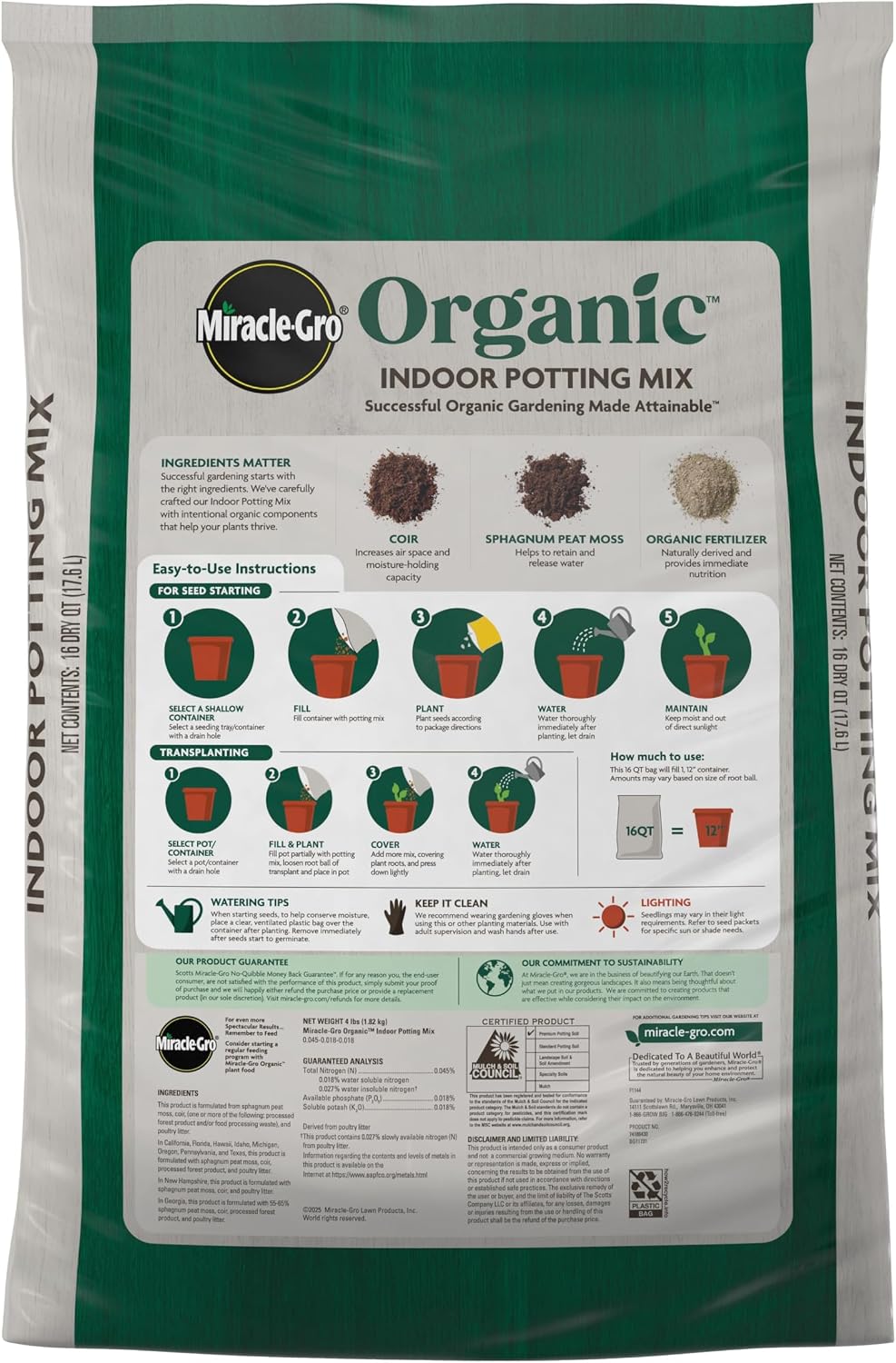 Miracle-Gro Organic Indoor Potting Mix, 16 qt| Protects Against Over & Under Watering, Planting Soil For Indoor Container Plants, Houseplants & Starter Plants, OMRI Listed