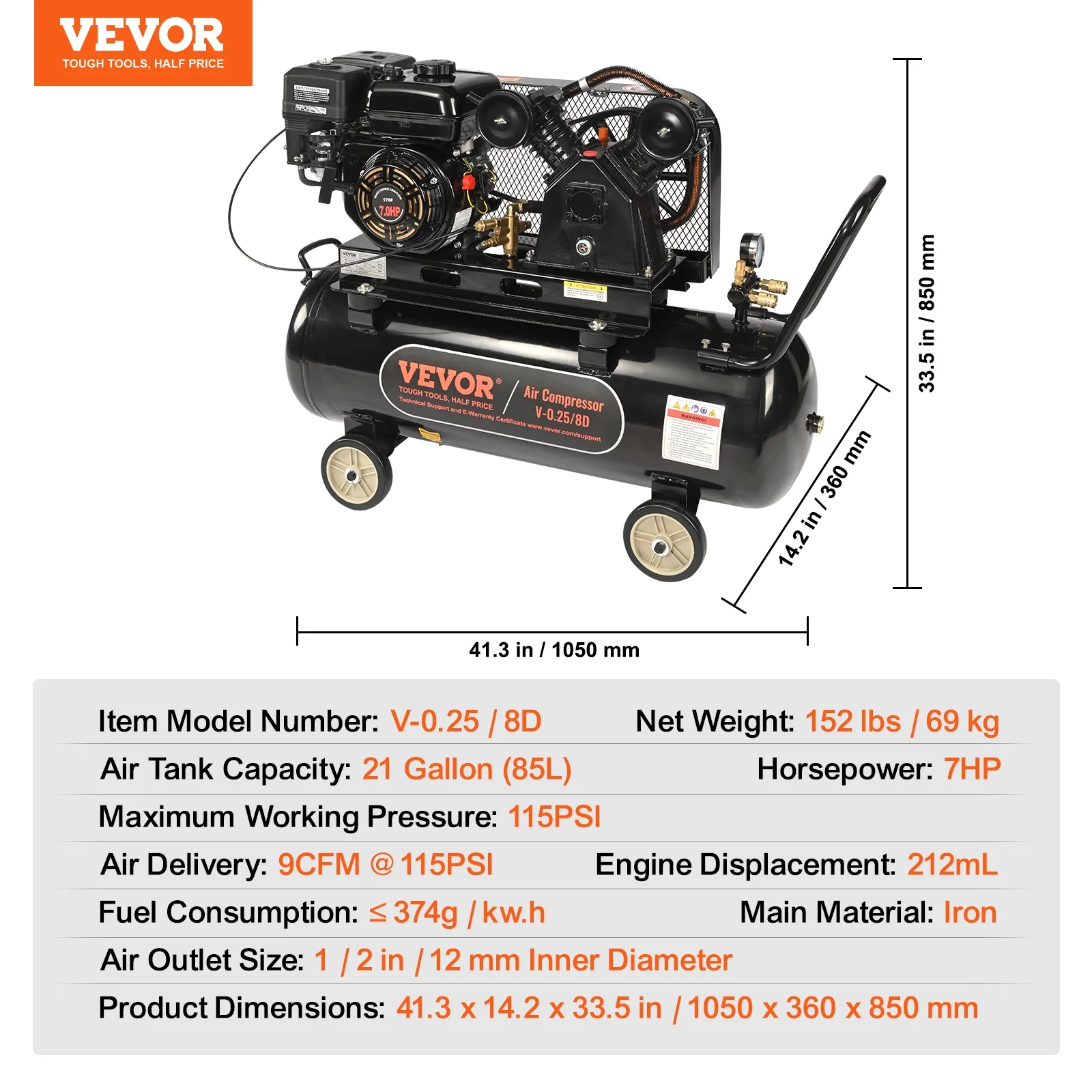 7HP Gas Powered Air Compressor, 21 Gallon Horizontal Air Compressor Tank, 9CFM@115PSI Gas Driven Piston Pump Air Compressed System with 115PSI Max Pressure for Construction Sites Workshop Image 7