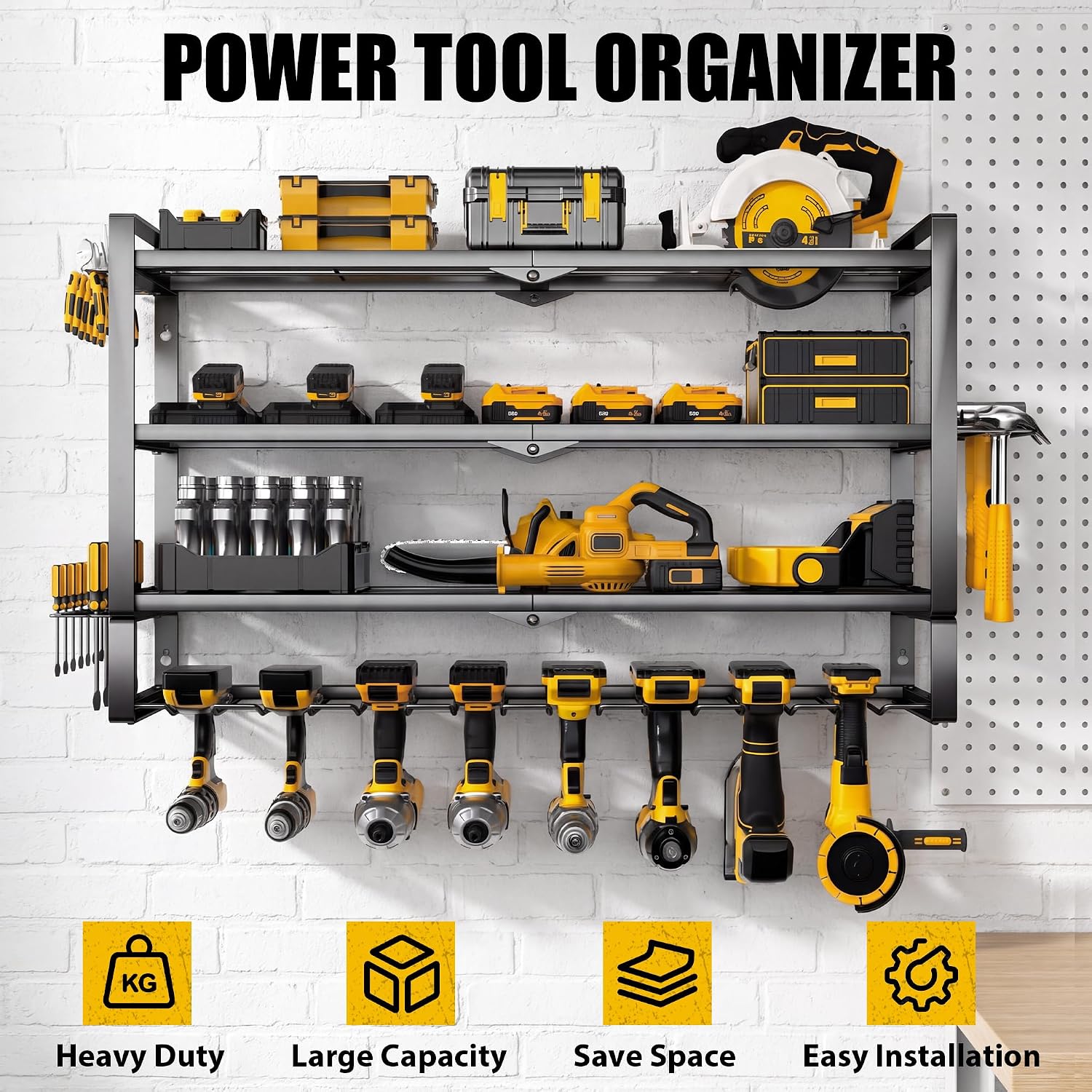 MOOMSINE Large Power Tool Organizer Wall Mount for Garage, 4-Tier Heavy Duty Metal Storage Rack Supports 400lbs, Battery Tools Hanger with 8 Cordless Drill Holders for Workshop, Pegboard, Shed