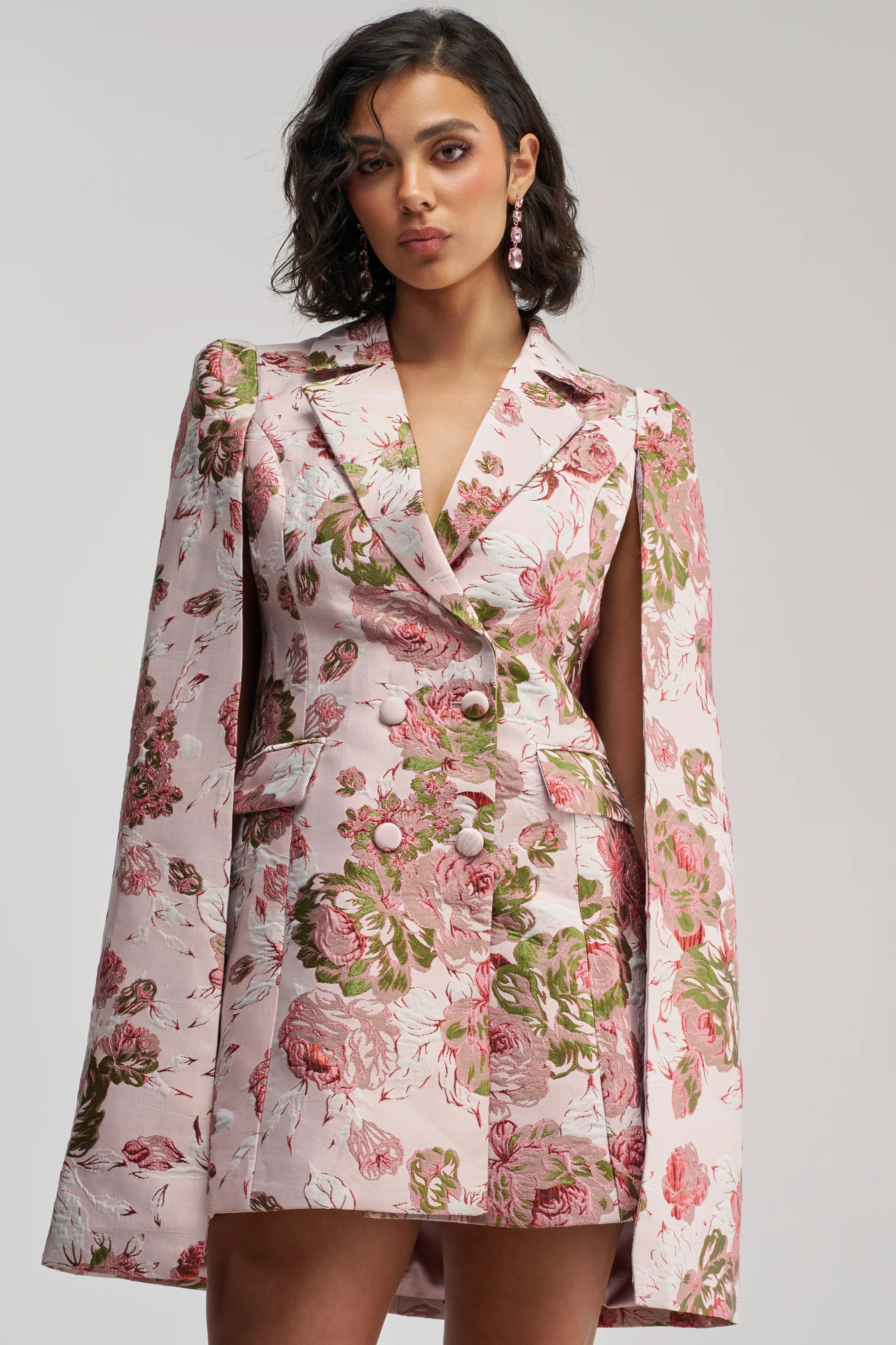 IMANI BROCADE CAPE SLEEVE BLAZER DRESS IN PINK - Akira Store